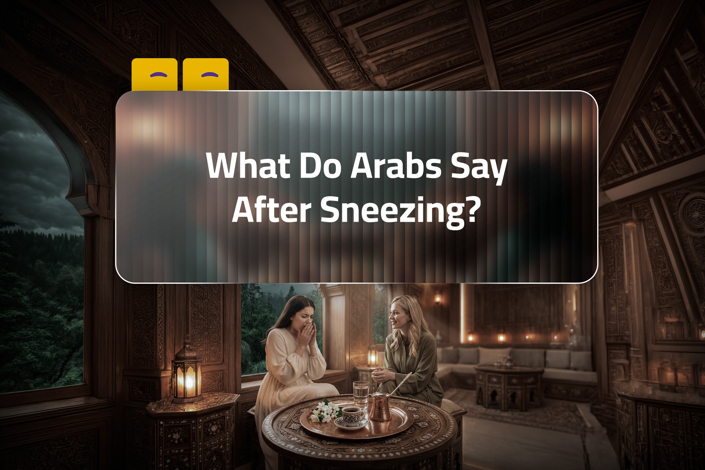 What do Arabs say after sneezing? A traditional Arabic setting with two women, one sneezing and the other offering a kind response, featuring cultural elements like Arabic coffee and décor. What do Arabs say after sneezing? A traditional Arabic setting with two women, one sneezing and the other offering a kind response, featuring cultural elements like Arabic coffee and décor.