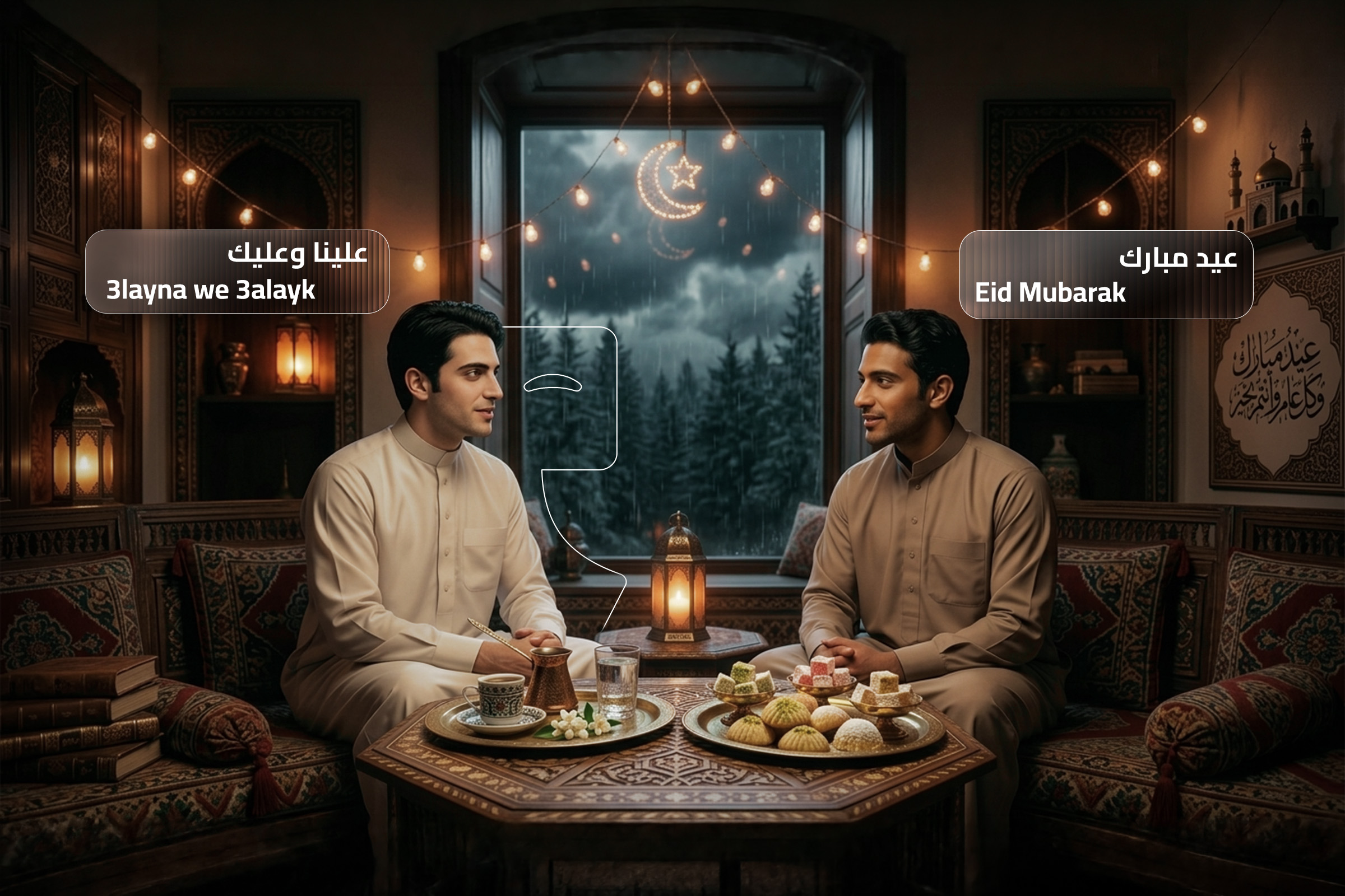 Levantine Arabic Eid greetings 3layna we 3alayk and Eid Mubarak, illustrated in a traditional Middle Eastern setting with lanterns, sweets, and cozy decor during Eid celebration. Levantine Arabic Eid greetings 3layna we 3alayk and Eid Mubarak, illustrated in a traditional Middle Eastern setting with lanterns, sweets, and cozy decor during Eid celebration.