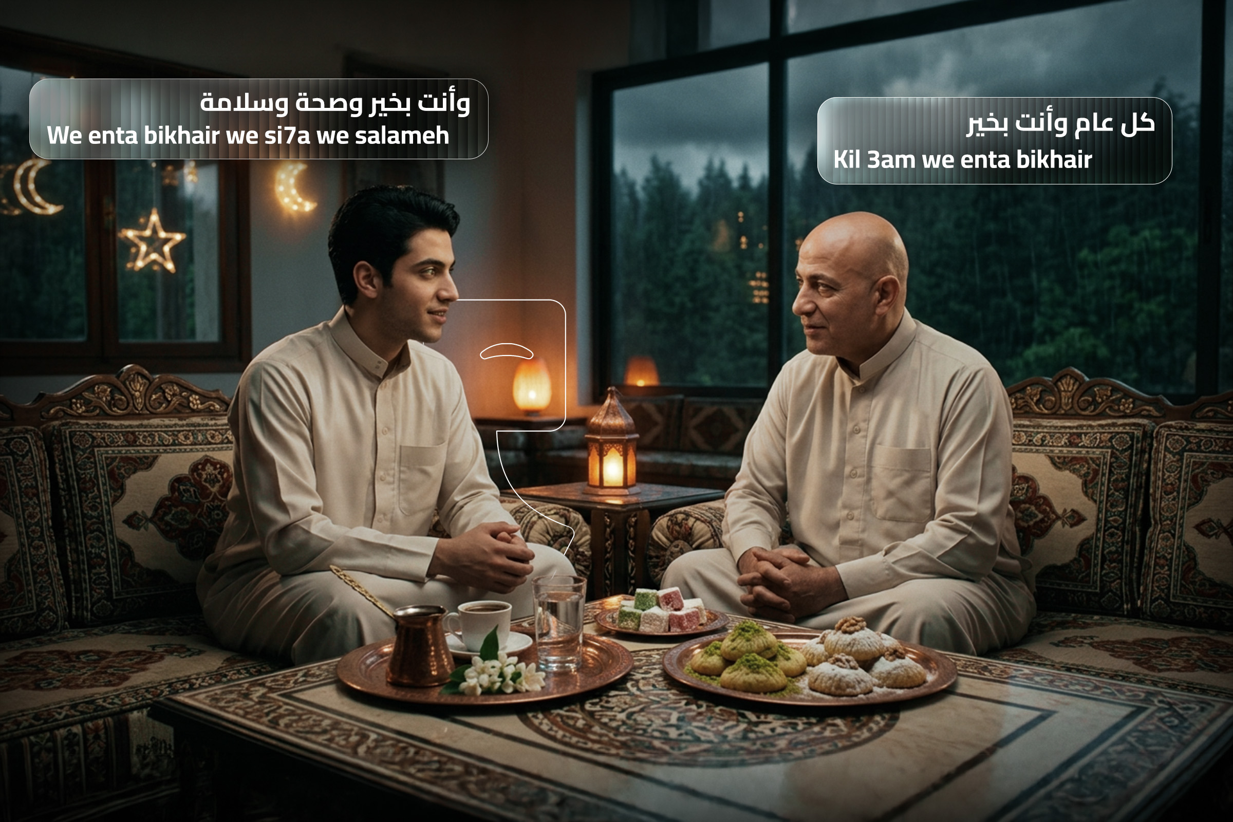 Levantine Arabic Eid greetings Kil 3am we enta bikhair and We enta bikhair we si7a we salameh, illustrated in a traditional Middle Eastern setting with coffee, sweets, and lanterns during Eid celebration. Levantine Arabic Eid greetings Kil 3am we enta bikhair and We enta bikhair we si7a we salameh, illustrated in a traditional Middle Eastern setting with coffee, sweets, and lanterns during Eid celebration.