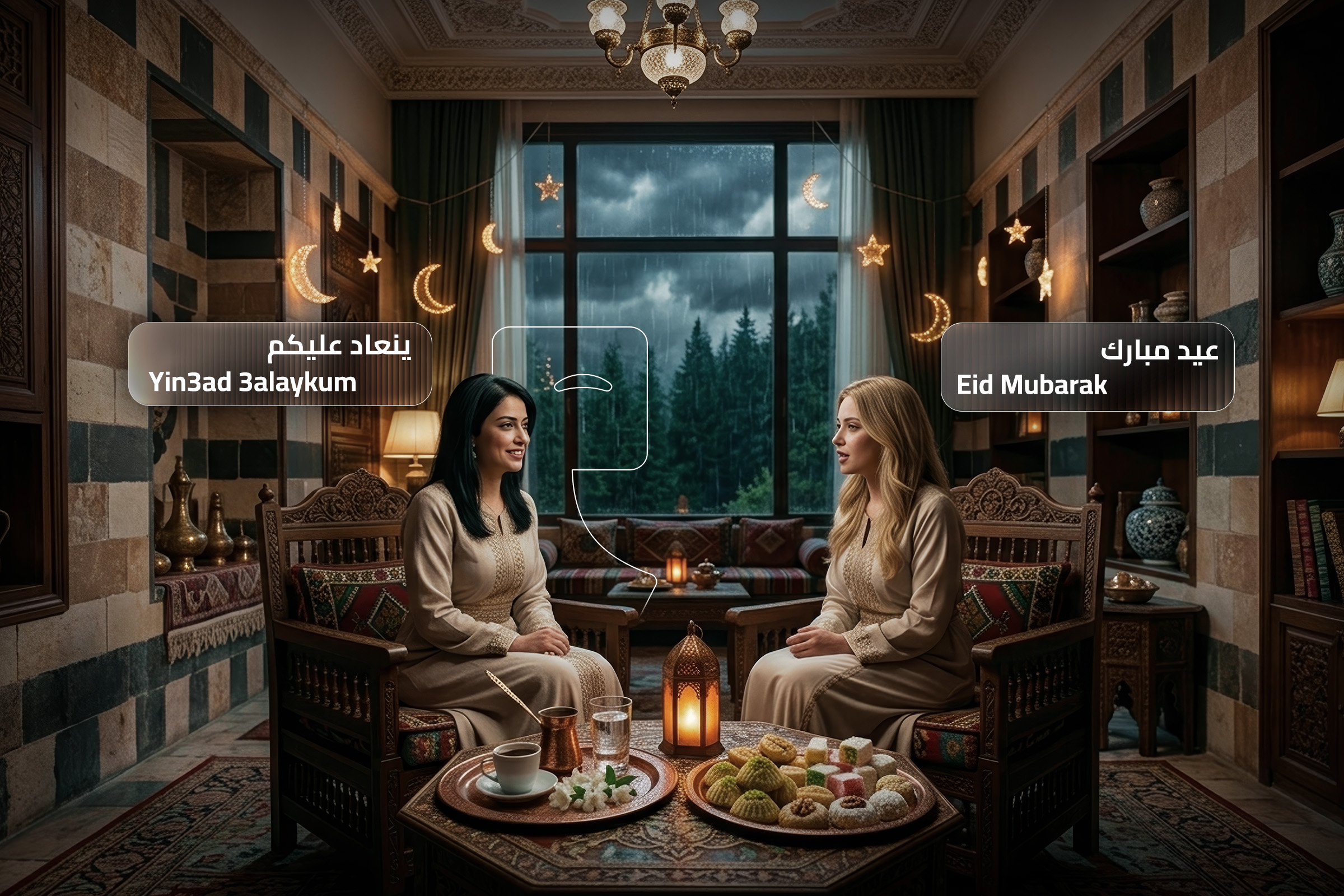 Levantine Arabic Eid greetings Yin3ad 3alaykum and Eid Mubarak, illustrated in a traditional Middle Eastern setting with lanterns, sweets, and festive decor during Eid celebration. Levantine Arabic Eid greetings Yin3ad 3alaykum and Eid Mubarak, illustrated in a traditional Middle Eastern setting with lanterns, sweets, and festive decor during Eid celebration.