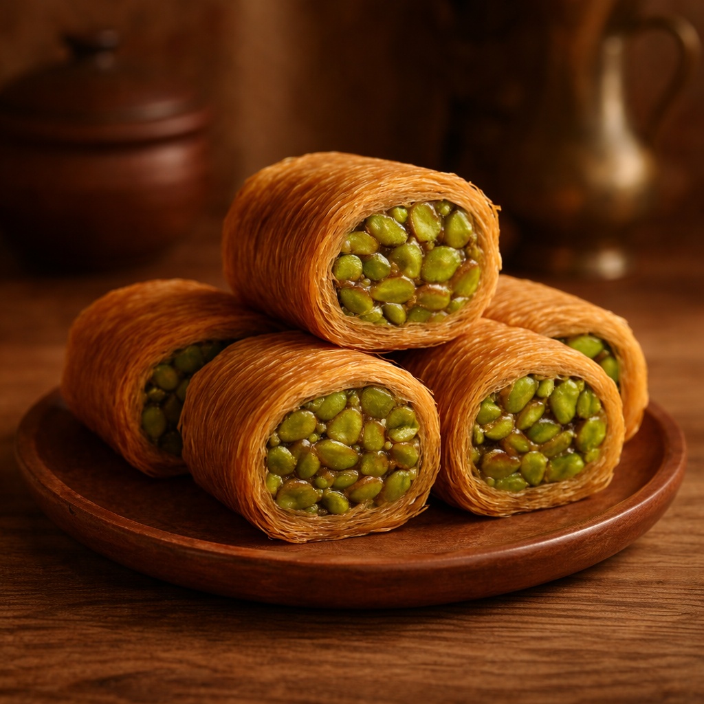 Plate of Mabroumeh, a traditional pastry made with thin layers of filo dough filled with pistachios and sweet syrup.