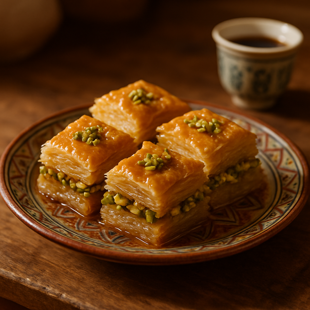 Traditional Syrian baklava made with thin pastry layers and rich pistachio filling.