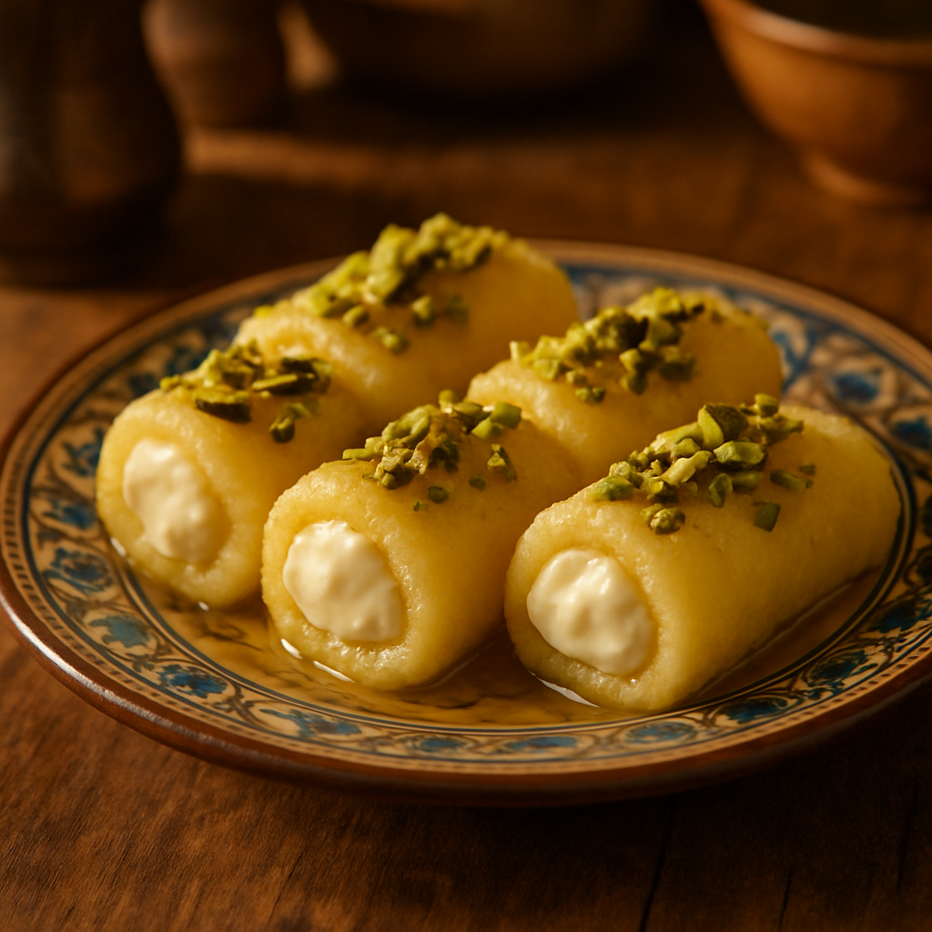 Plate of Halawet el Jibn, a traditional Middle Eastern dessert made with semolina dough filled with cream cheese and topped with crushed pistachios, served in syrup.
