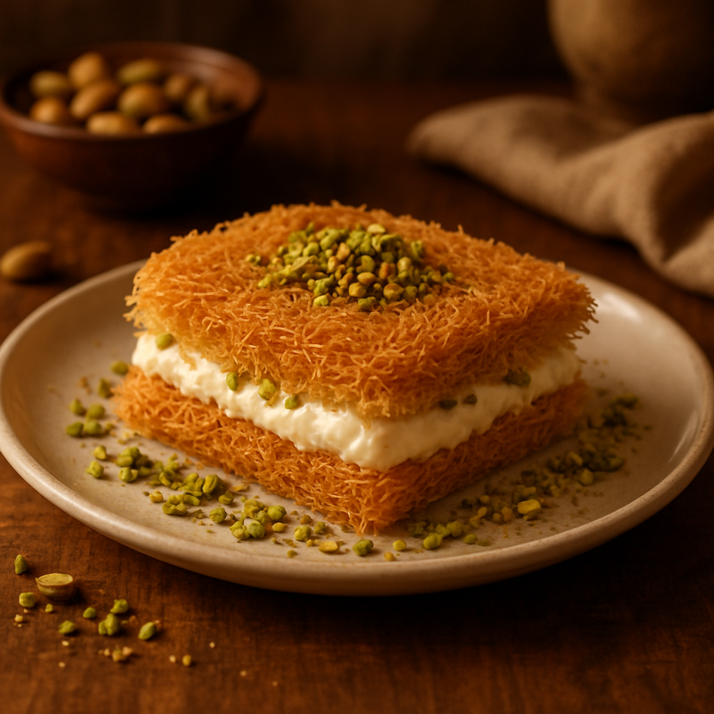 Traditional dessert of kataifi pastry layered with creamy filling and topped with crushed pistachios.
