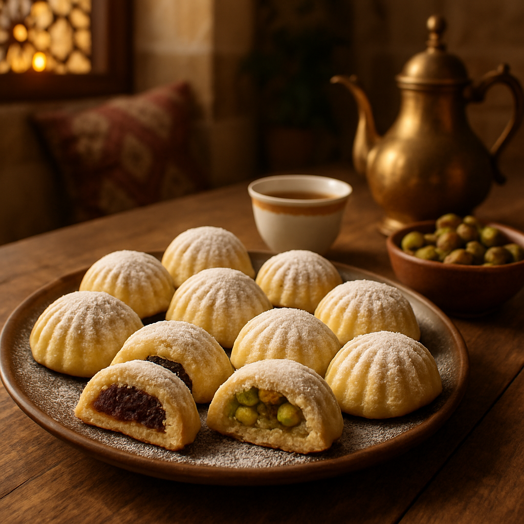 Plate of Mabroumeh cookies, a traditional pastry filled with sweet dates and pistachios, dusted with powdered sugar, with a cup of coffee and a small bowl of pistachios in the background.