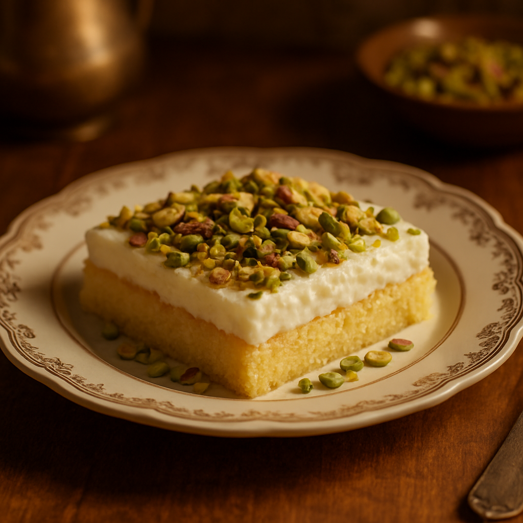 Plate of Madlouqa, a traditional dessert with a sponge cake base topped with a creamy layer and garnished with crushed pistachio