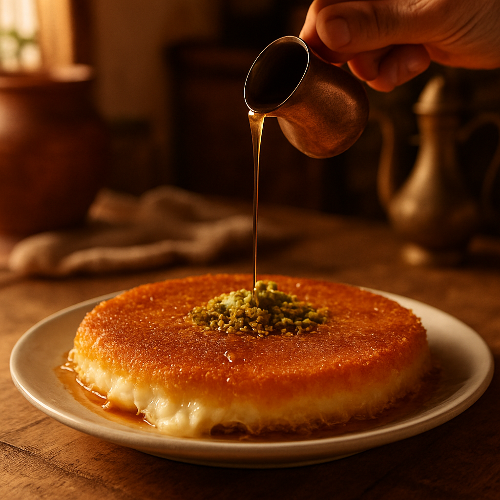 Plate of Knafeh, a Middle Eastern dessert made with layers of shredded filo dough filled with cheese, topped with crushed pistachios, and drizzled with sweet syrup.