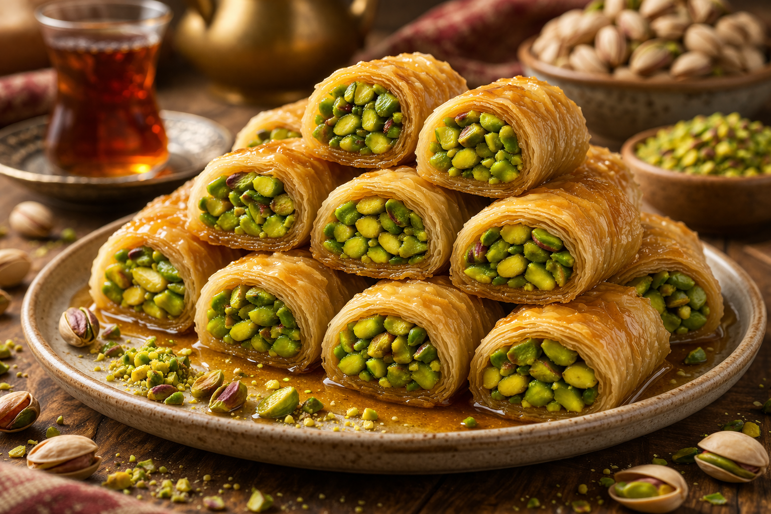 Pistachio-filled baklava rolls with syrup, showcasing golden filo dough and vibrant green pistachios.