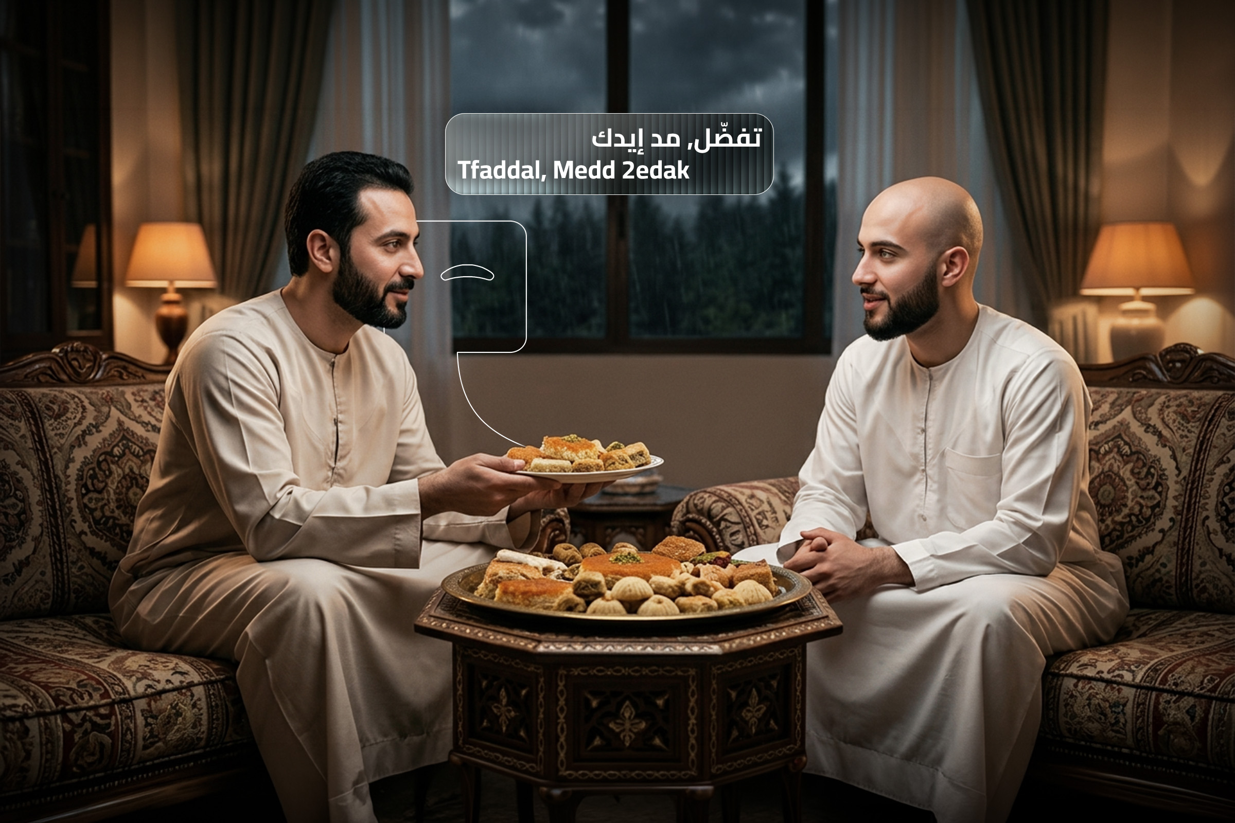 Two men sharing traditional Syrian desserts in a cozy setting, with one offering a plate of sweets to the other, as a speech bubble with Arabic text reads 'Tfaddal, Medd 2edak' (Please, enjoy.)