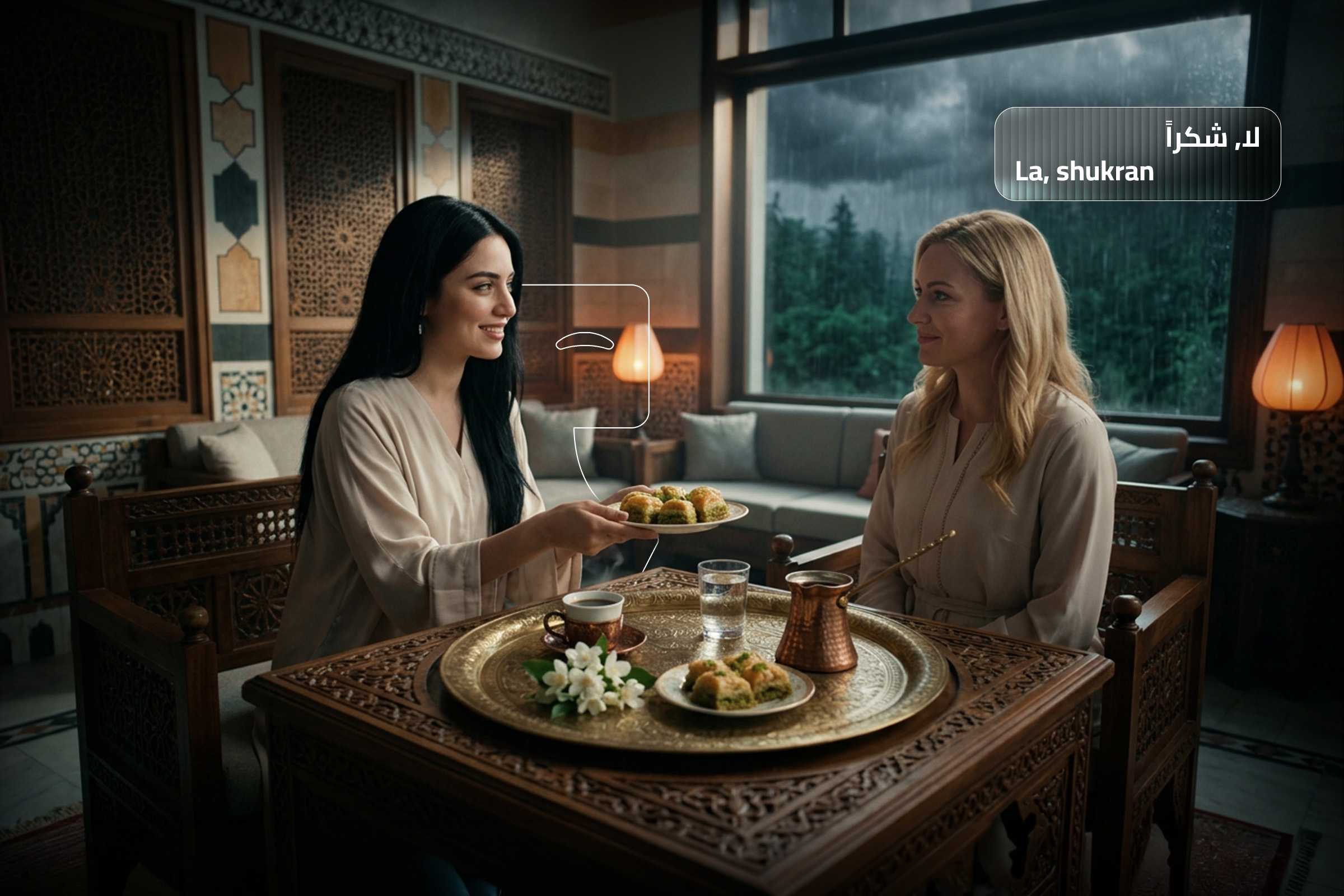 Two women in a cozy Arabic setting offering food while one politely says “La, shukran” in a real-life conversation.