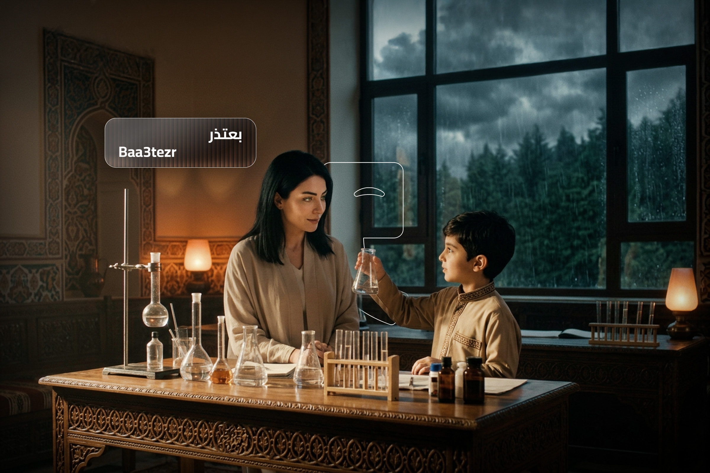 A mother and son in a traditional Arabic room with scientific equipment on a wooden table, the boy holding a flask, with the Arabic phrase 'Baa‘tezr' shown on the image, meaning 'I apologize' in English.