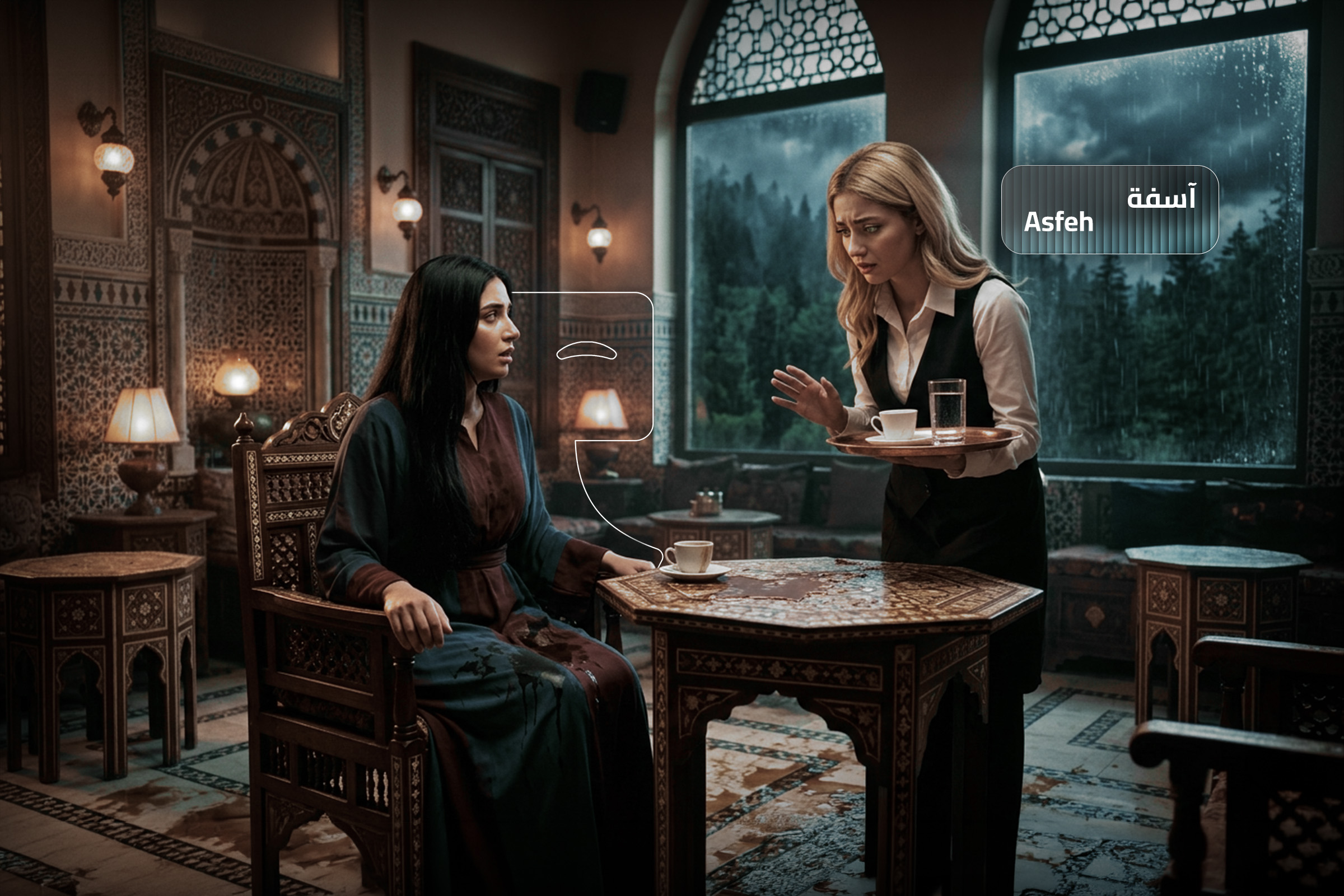 How to say sorry in Syrian Arabic: a waitress apologizing to a woman in a traditional café with the phrase "Asfeh" meaning "I’m sorry"
