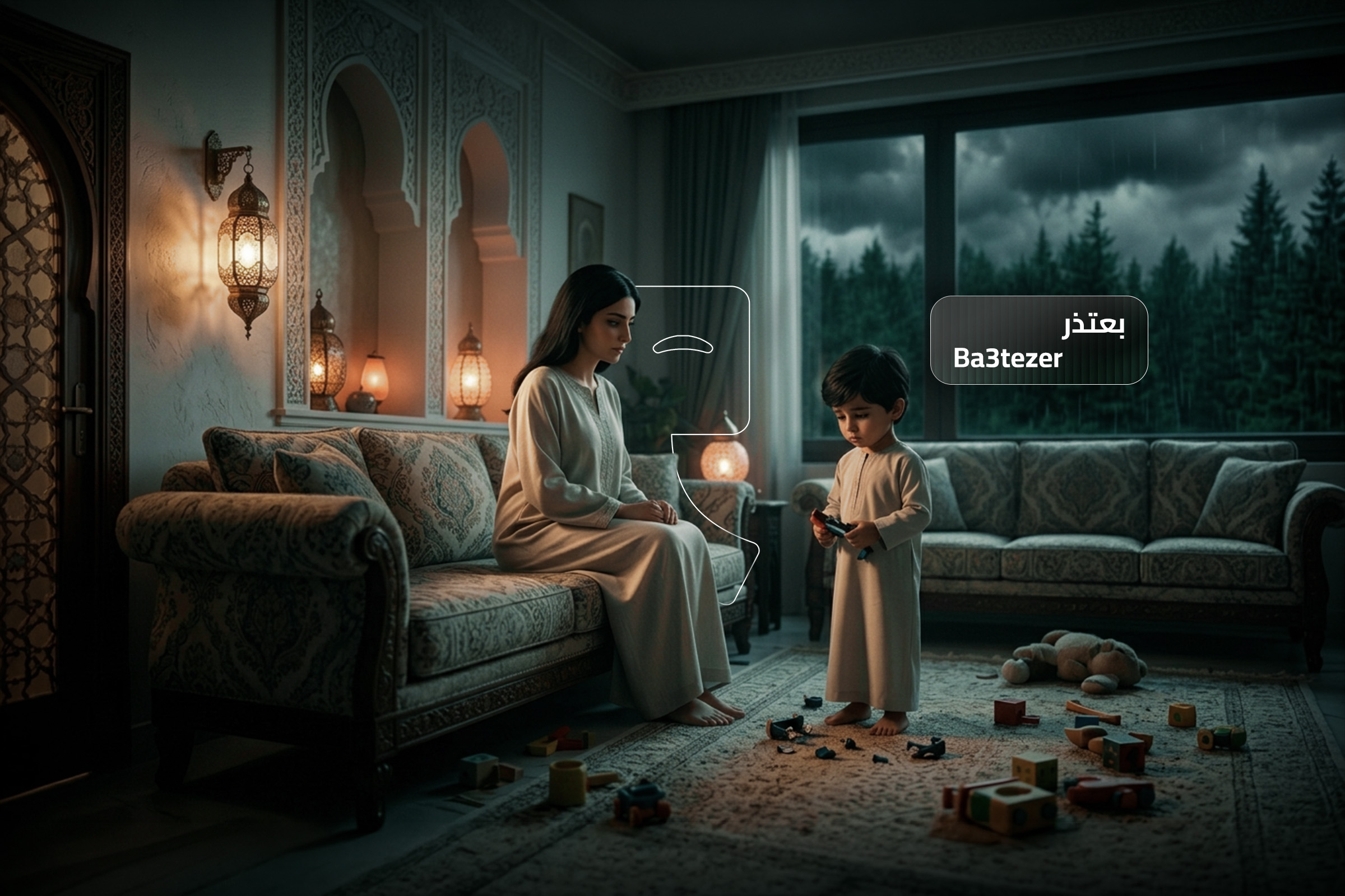 Child apologizing to his mother at home, showing the meaning of Ba3tezer (I apologize) in Arabic