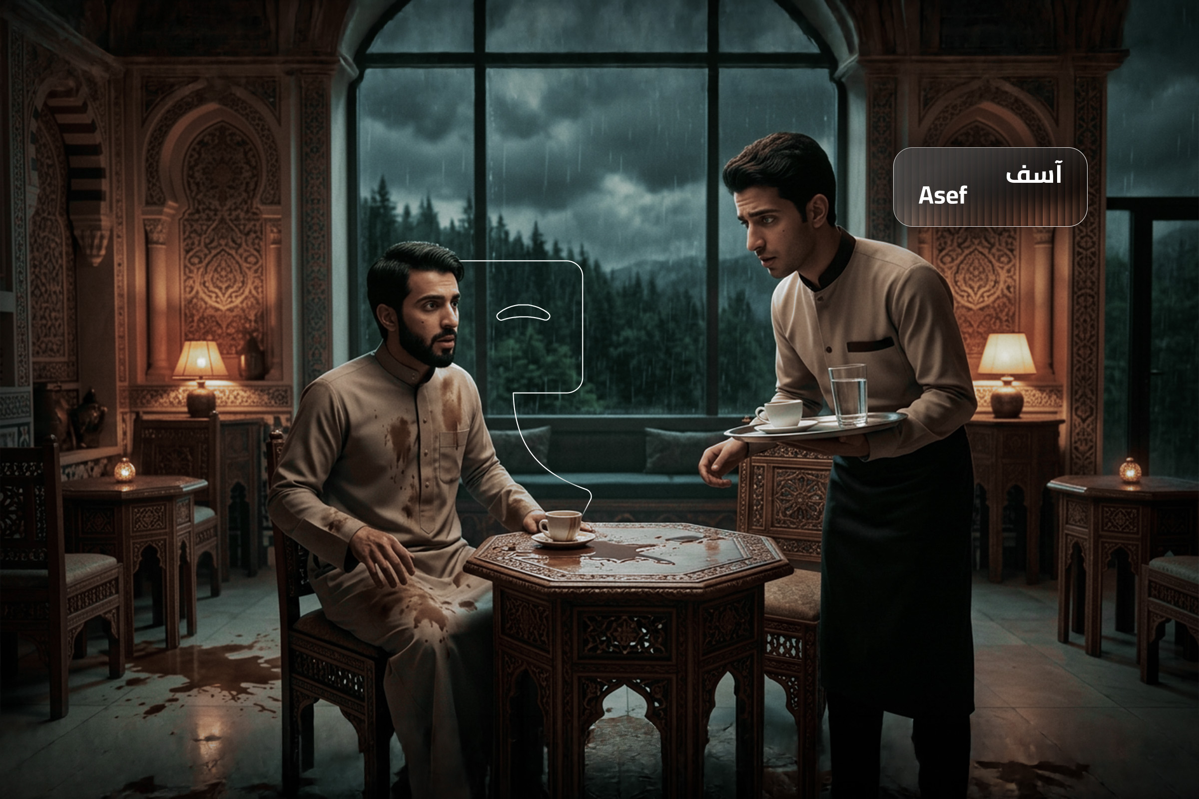Man apologizing in an Arabic café after spilling coffee, illustrating the meaning of "Asef" (sorry) in Arabic