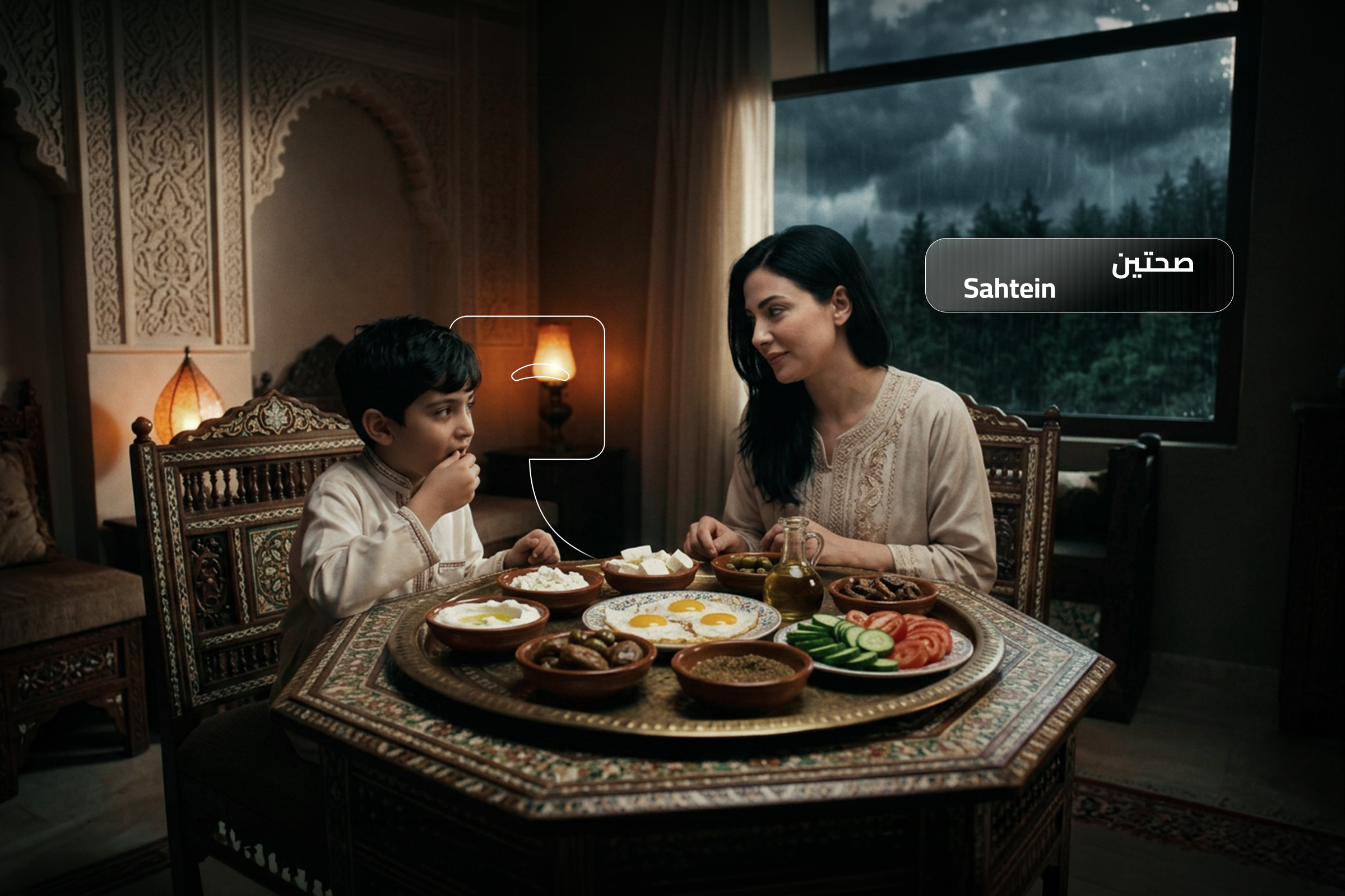 Mother and son enjoying a traditional Syrian breakfast while learning Syrian Arabic, saying 'Sahtein'.