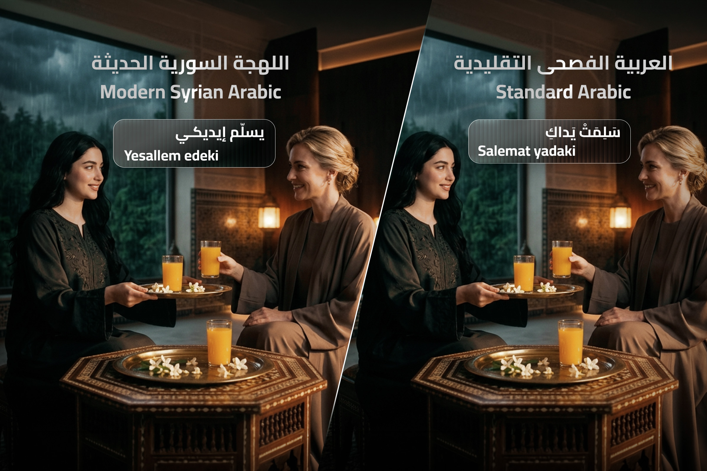 Comparison between Modern Syrian Arabic and Standard Arabic with two women practicing conversation over drinks.