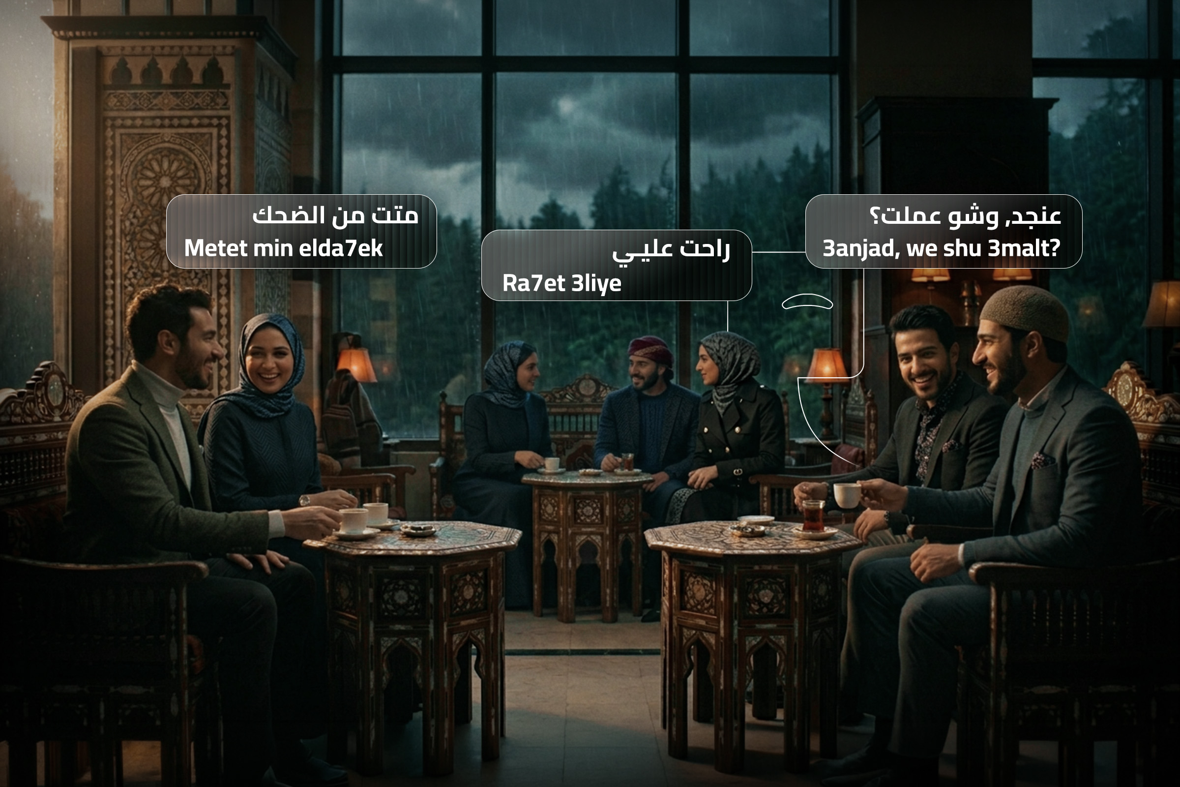 Learn Syrian Arabic through real conversations in a café – examples of spoken Syrian Arabic phrases like Metet min elda7ek, Ra7et 3liye, and 3anjad we shu 3malt