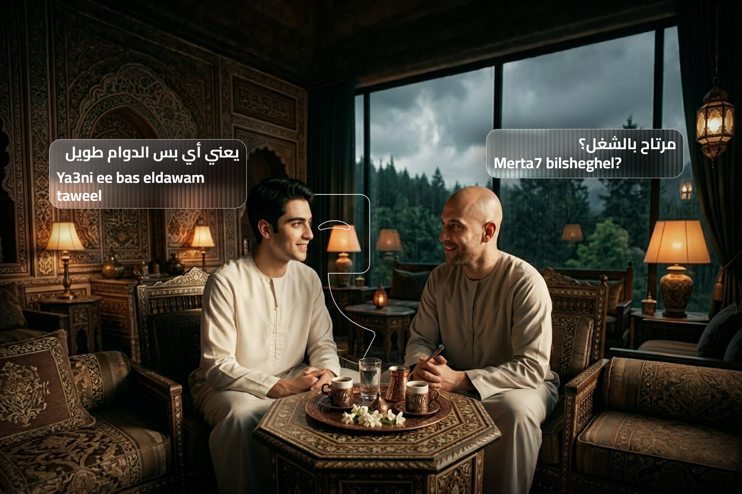 Two men engaged in a conversation about Syrian cultural expressions while enjoying tea. The image highlights the bond between the speakers and the scenic, serene mountain view from the traditional Arabic-style room.