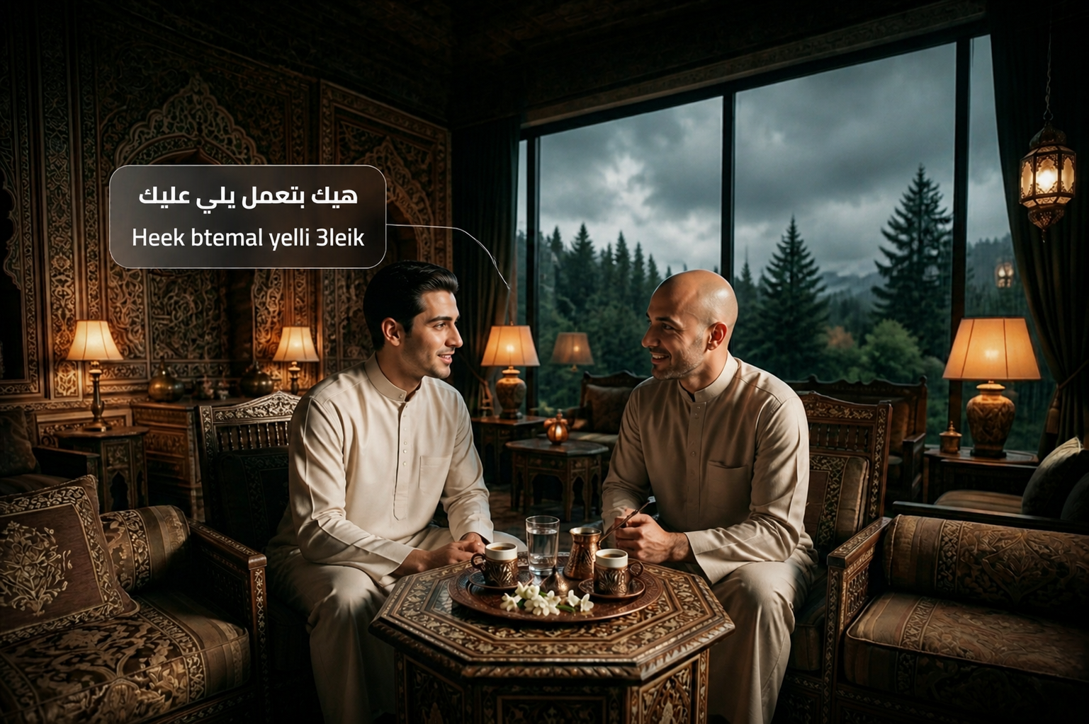 A serene conversation between two men enjoying Arabic coffee in an elegantly designed Middle Eastern-inspired room, with intricate woodwork, soft lantern lighting, and a panoramic mountain view. The image captures the essence of a cultural exchange framed by the Arabic phrase 'هيك بتعمل يلي عليك.'