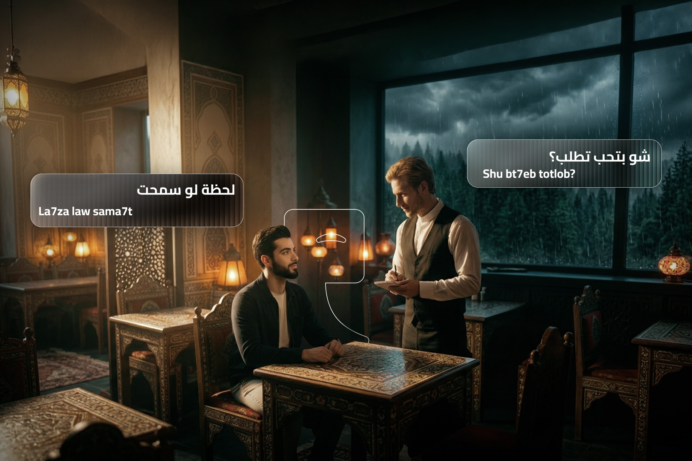 Two men in a restaurant illustrating Levantine Arabic phrases: “Shu bt7eb totlob?” (What would you like to order?) and “La7za law sama7t” (One moment, please). Two men in a restaurant illustrating Levantine Arabic phrases: “Shu bt7eb totlob?” (What would you like to order?) and “La7za law sama7t” (One moment, please).