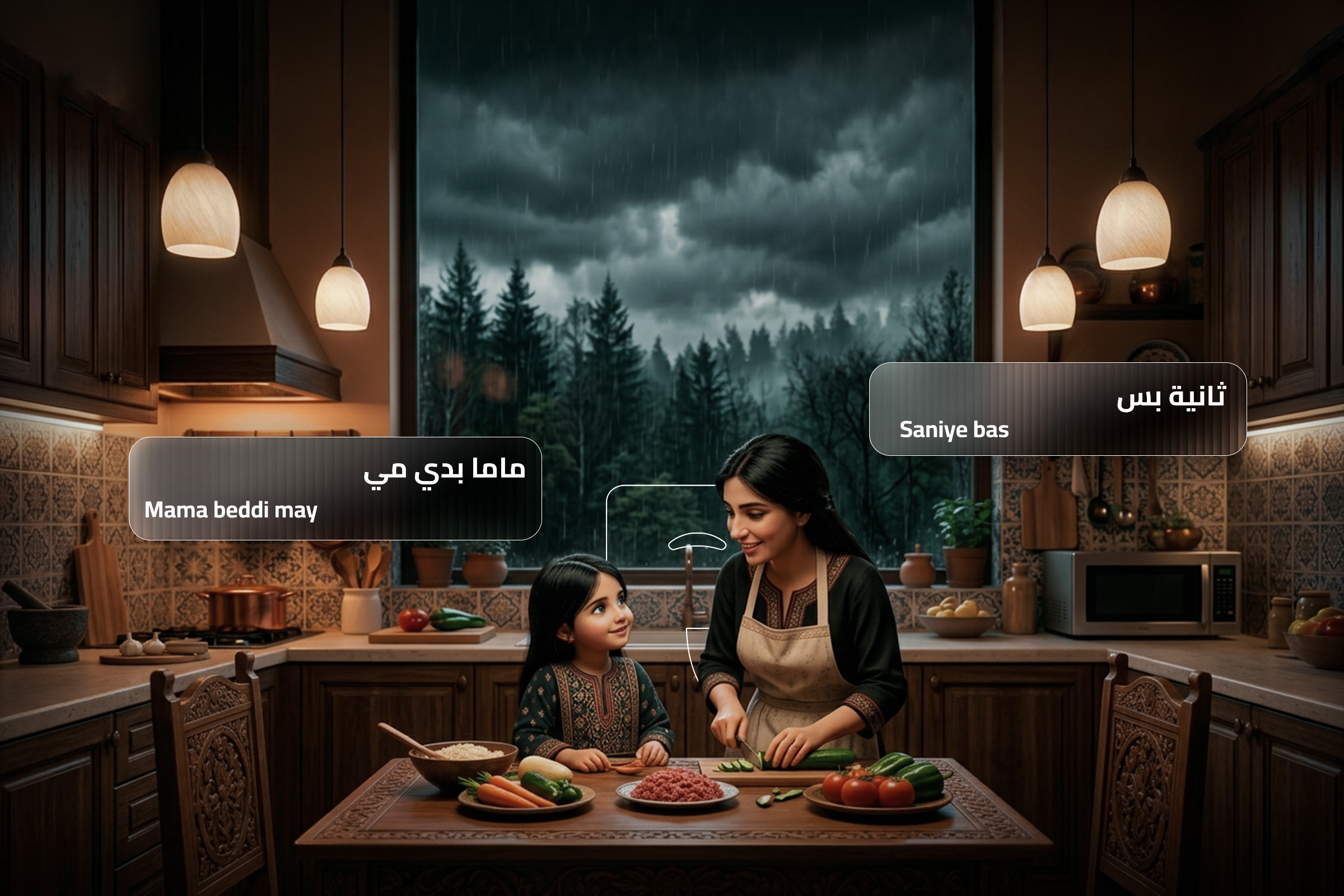 A mother and daughter cooking together in a kitchen illustrating Levantine Arabic phrases: “Mama beddi may” (Mom, I want water) and “Saniye bas” (Just a second). A mother and daughter cooking together in a kitchen illustrating Levantine Arabic phrases: “Mama beddi may” (Mom, I want water) and “Saniye bas” (Just a second).