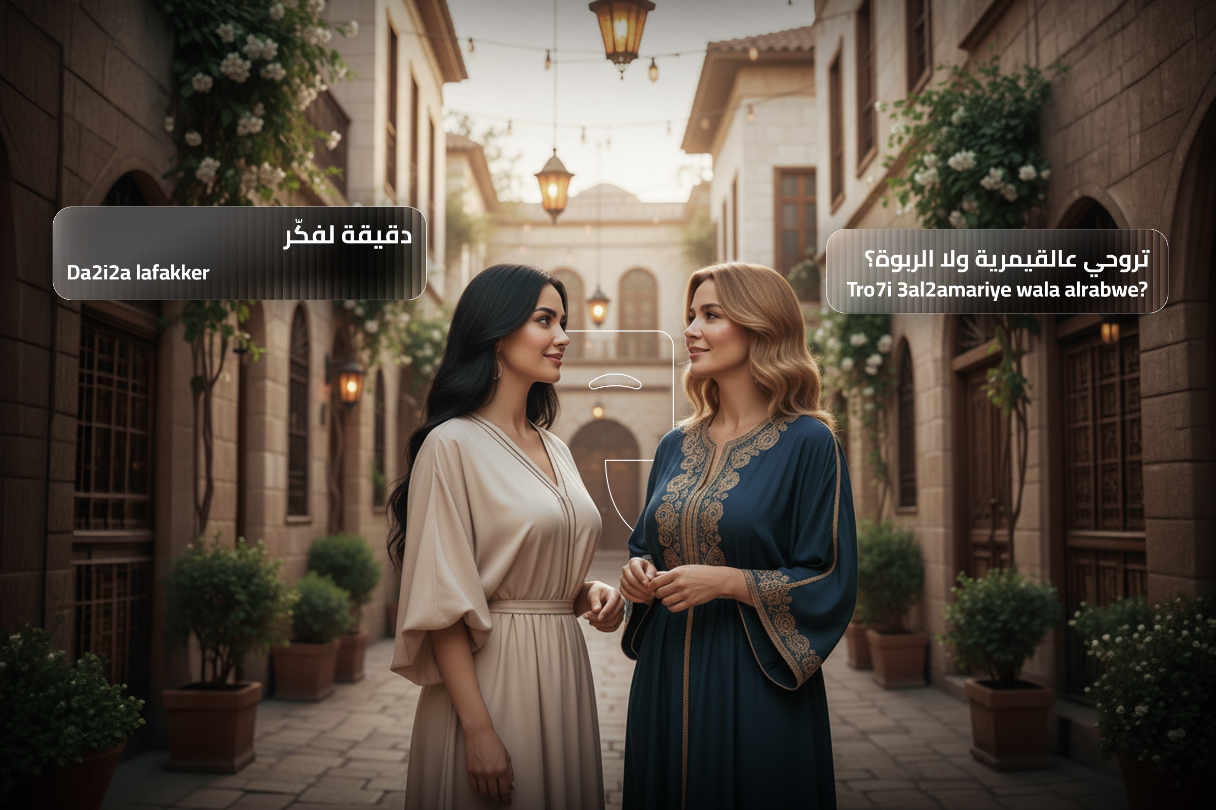 Two female friends talking in a street showing Levantine Arabic phrases: “Da2i2a lafakker” (One moment to think) and “Tro7i 3al2amariye wala alrabwe?” (Are you going to the upper street or the lower one?). Two female friends talking in a street showing Levantine Arabic phrases: “Da2i2a lafakker” (One moment to think) and “Tro7i 3al2amariye wala alrabwe?” (Are you going to the upper street or the lower one?).