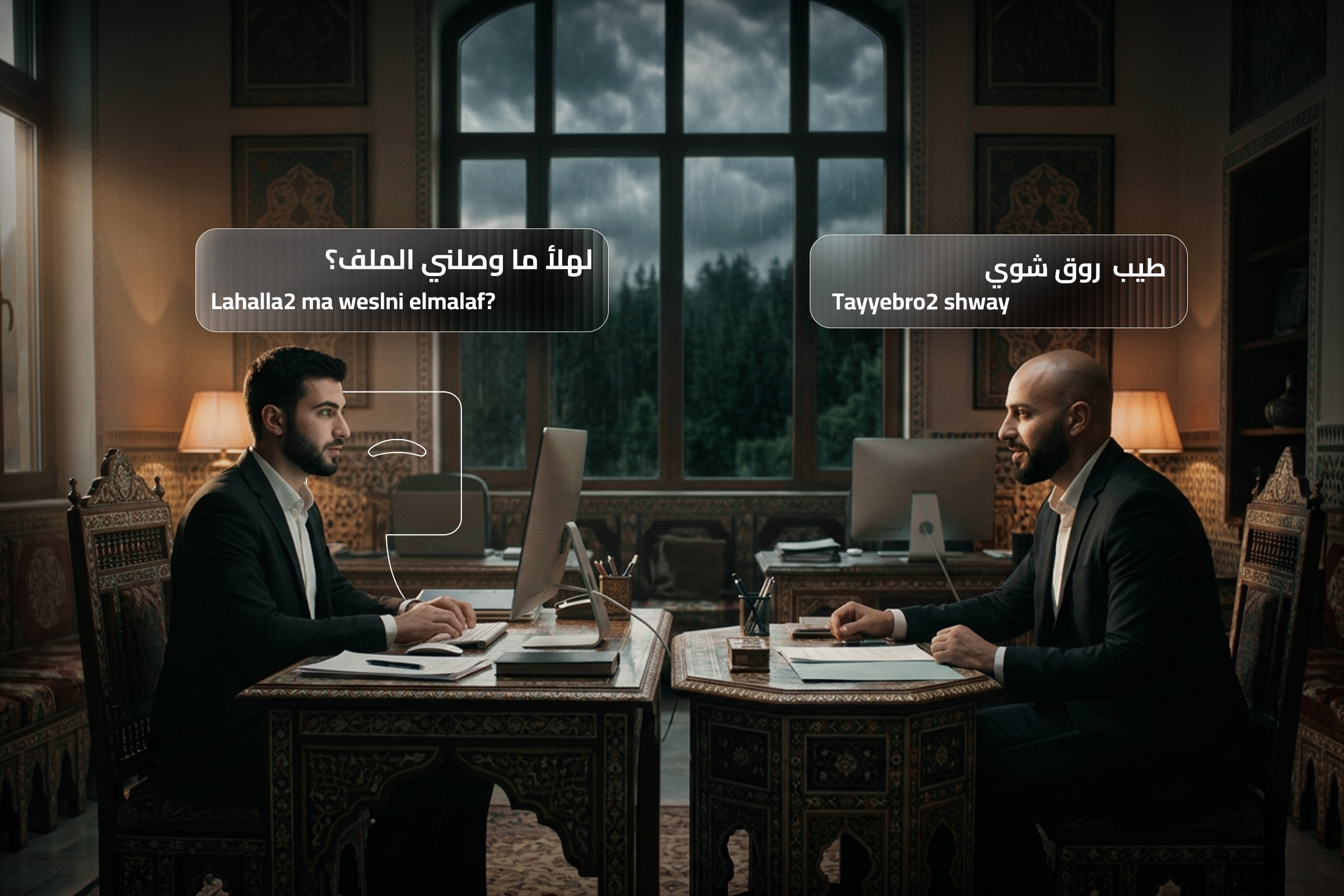 Two men in an office having a conversation illustrating Levantine Arabic phrases: “Lahalla2 ma weslni elmalaf?” (Has the file reached me yet?) and “Tayyebro2 shway” (Alright, wait a moment). Two men in an office having a conversation illustrating Levantine Arabic phrases: “Lahalla2 ma weslni elmalaf?” (Has the file reached me yet?) and “Tayyebro2 shway” (Alright, wait a moment).