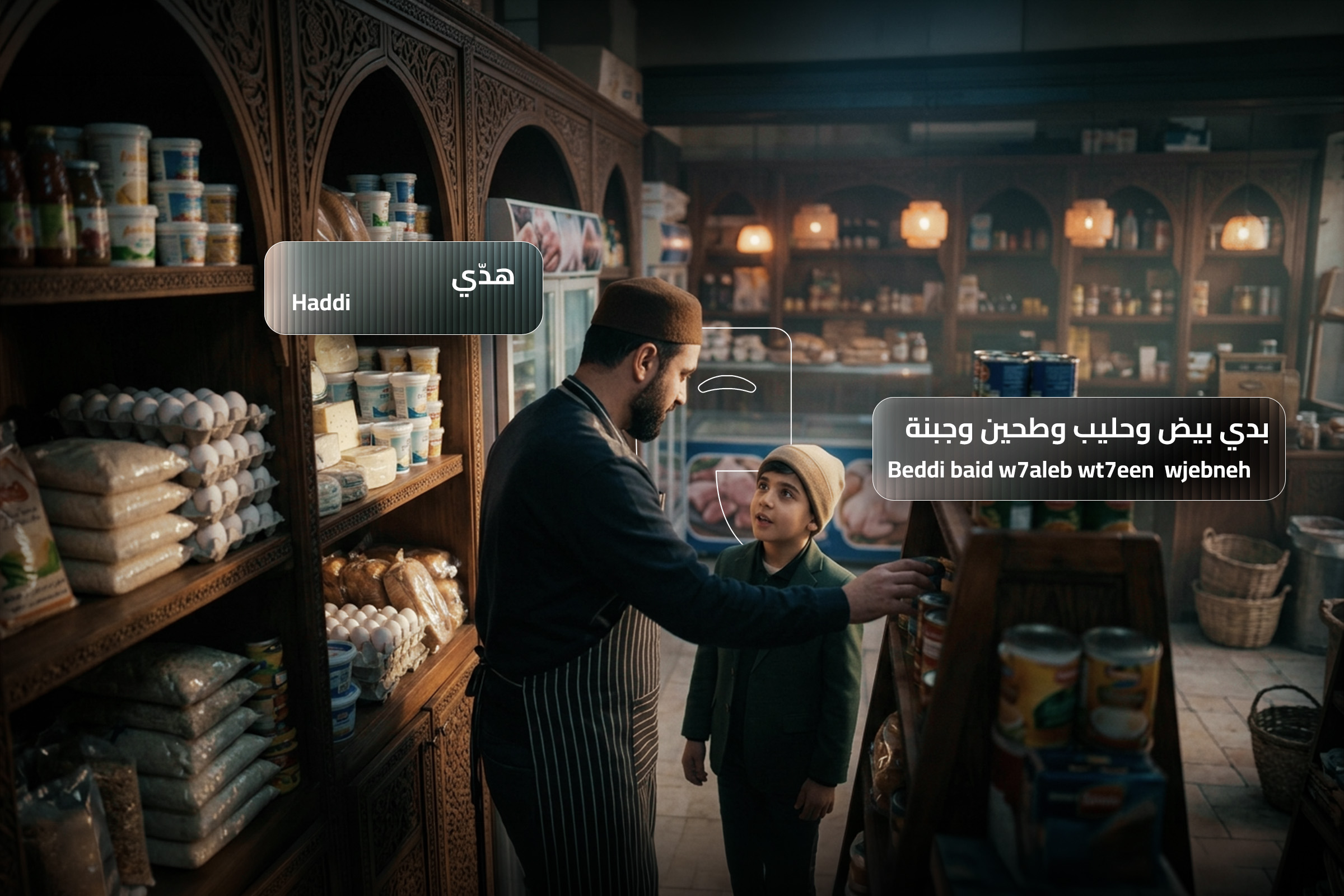 A father and his son in a market demonstrating Levantine Arabic phrases: “Haddi” (Calm down / Hold on) and “Beddi baid w7aleb wt7een wjebneh” (I want eggs, milk, flour, and cheese). A father and his son in a market demonstrating Levantine Arabic phrases: “Haddi” (Calm down / Hold on) and “Beddi baid w7aleb wt7een wjebneh” (I want eggs, milk, flour, and cheese).