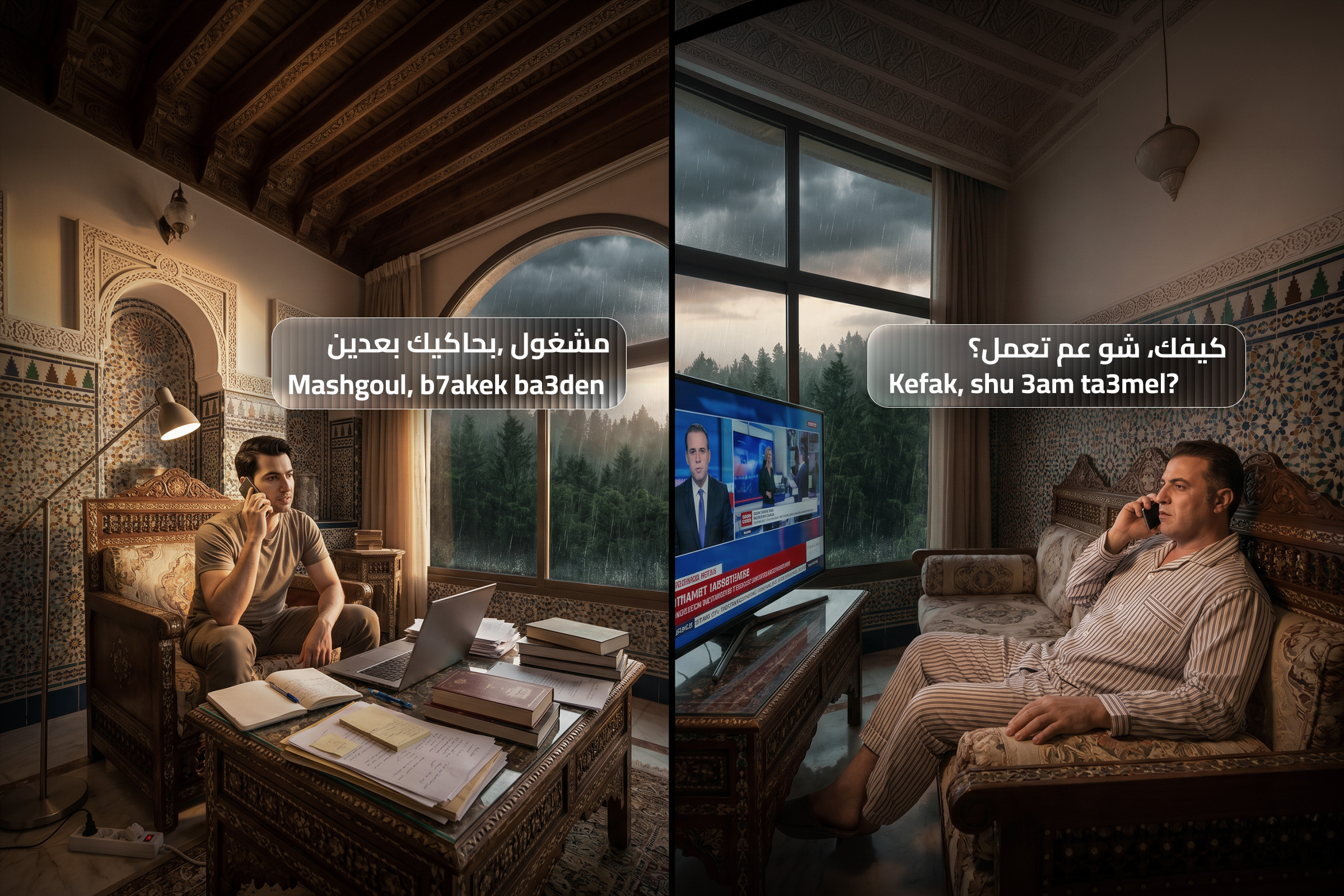 Split-screen blog cover showing two men speaking on the phone in a Syrian-style room, with Syrian Arabic phrases “Mashgoul, b7akek ba3den” and “Kefak, shu 3am ta3mel?” to explain how saying “I’m busy” works in real spoken Arabic.