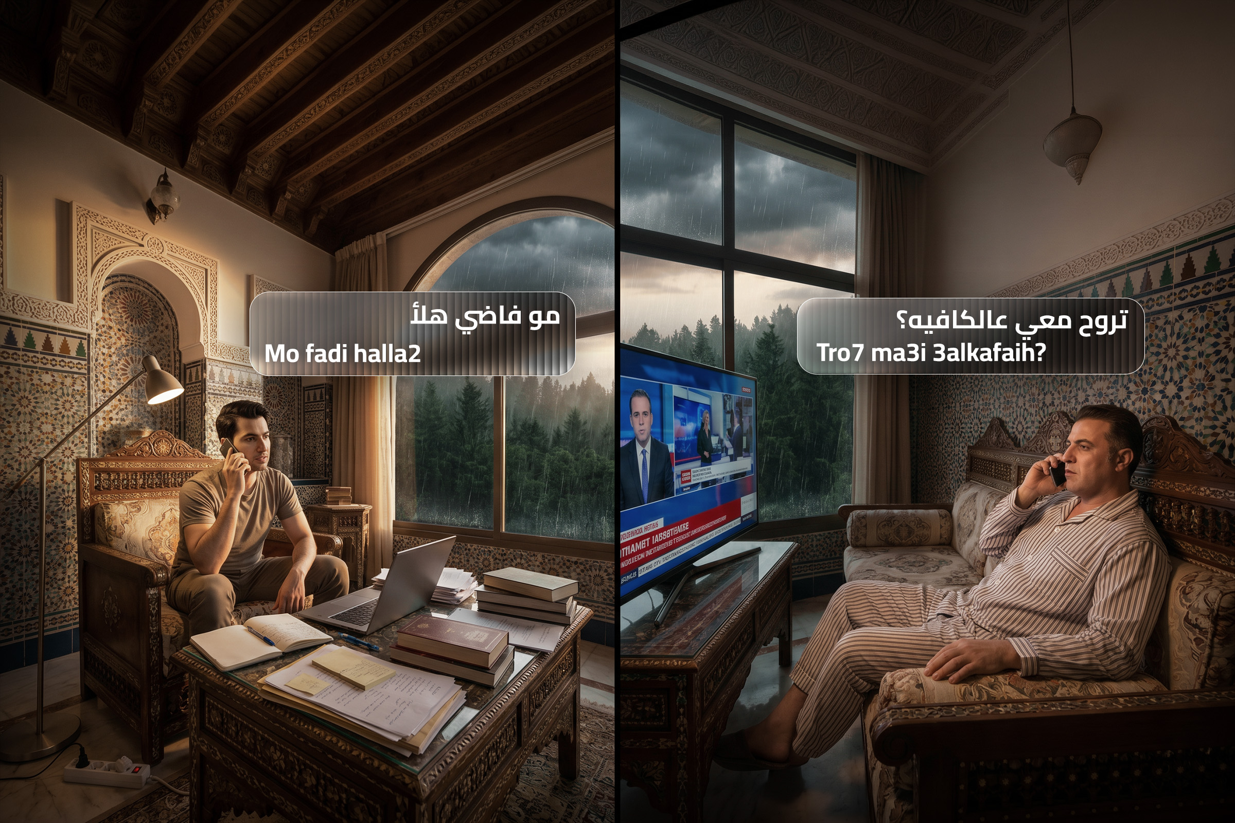 Split-screen blog cover showing two men speaking on the phone in a Syrian-style room, with Syrian Arabic phrases “Mo fadi halla2” and “Tro7 ma3i 3al kafieh?” to explain how to ask if someone is free and invite them to a café in real spoken Arabic.