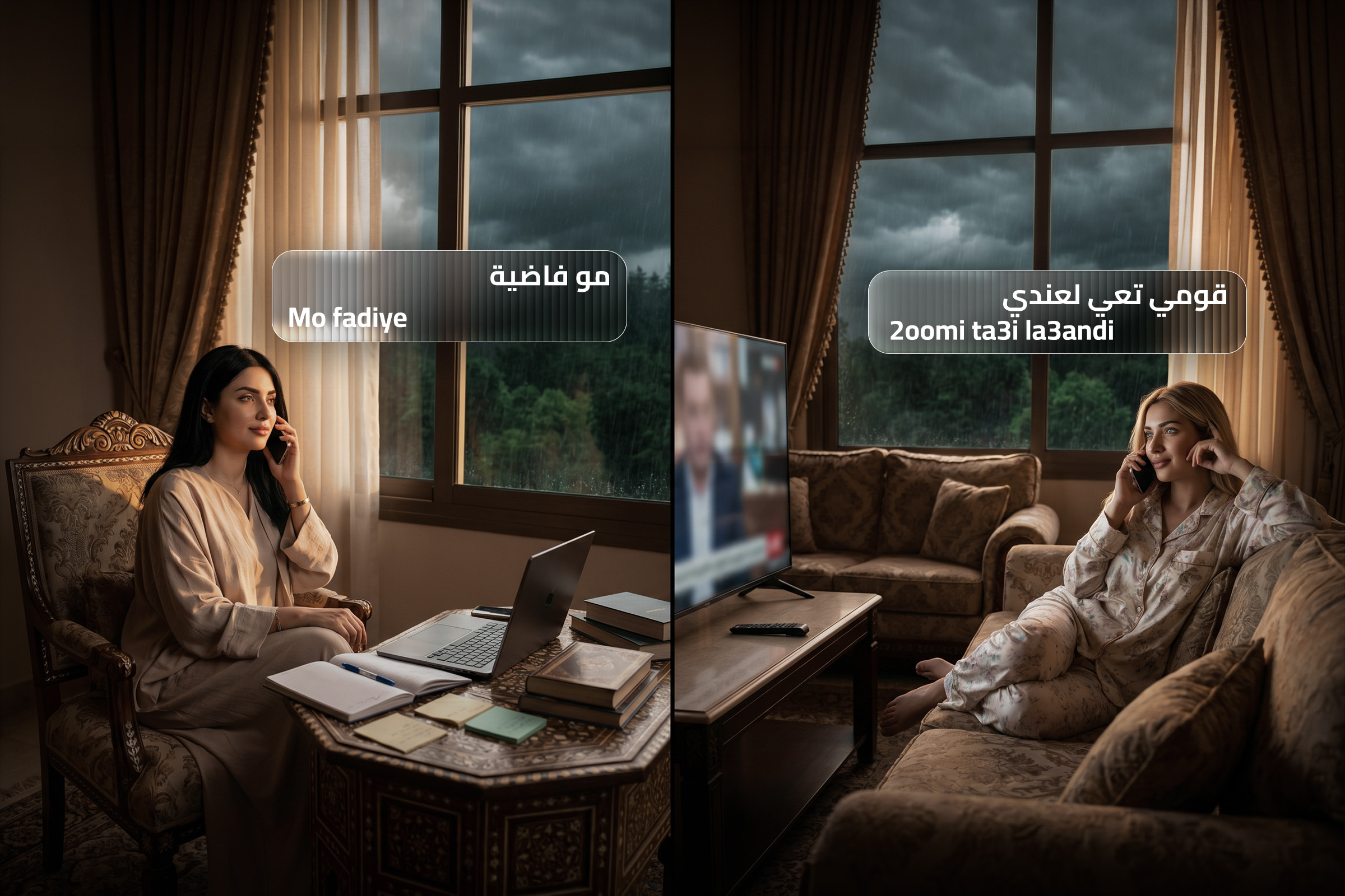 Split-screen blog cover showing two women speaking on the phone in a cozy Syrian-style living room, with Syrian Arabic phrases “Mo fadiye” and “2oomi ta3i la3andi” to show how friends talk about being busy and inviting someone over in real spoken Arabic.