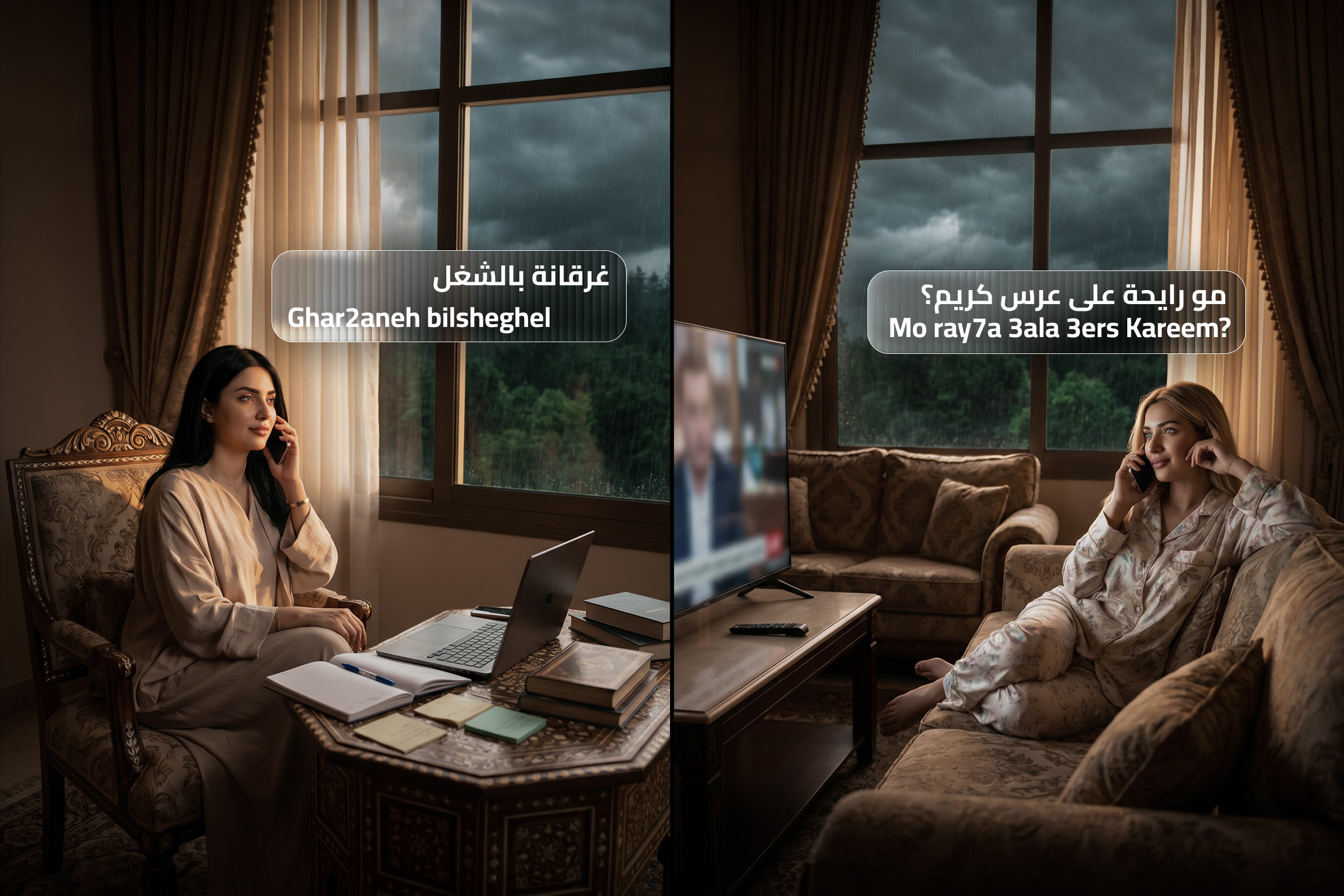 Split-screen blog cover showing two women speaking on the phone in a cozy Syrian-style living room, with Syrian Arabic phrases “Ghar2aneh bilsheghel” and “Mo ray7a 3ala 3ers Kareem?” to show how friends naturally talk about being busy and asking about wedding plans in real spoken Arabic.