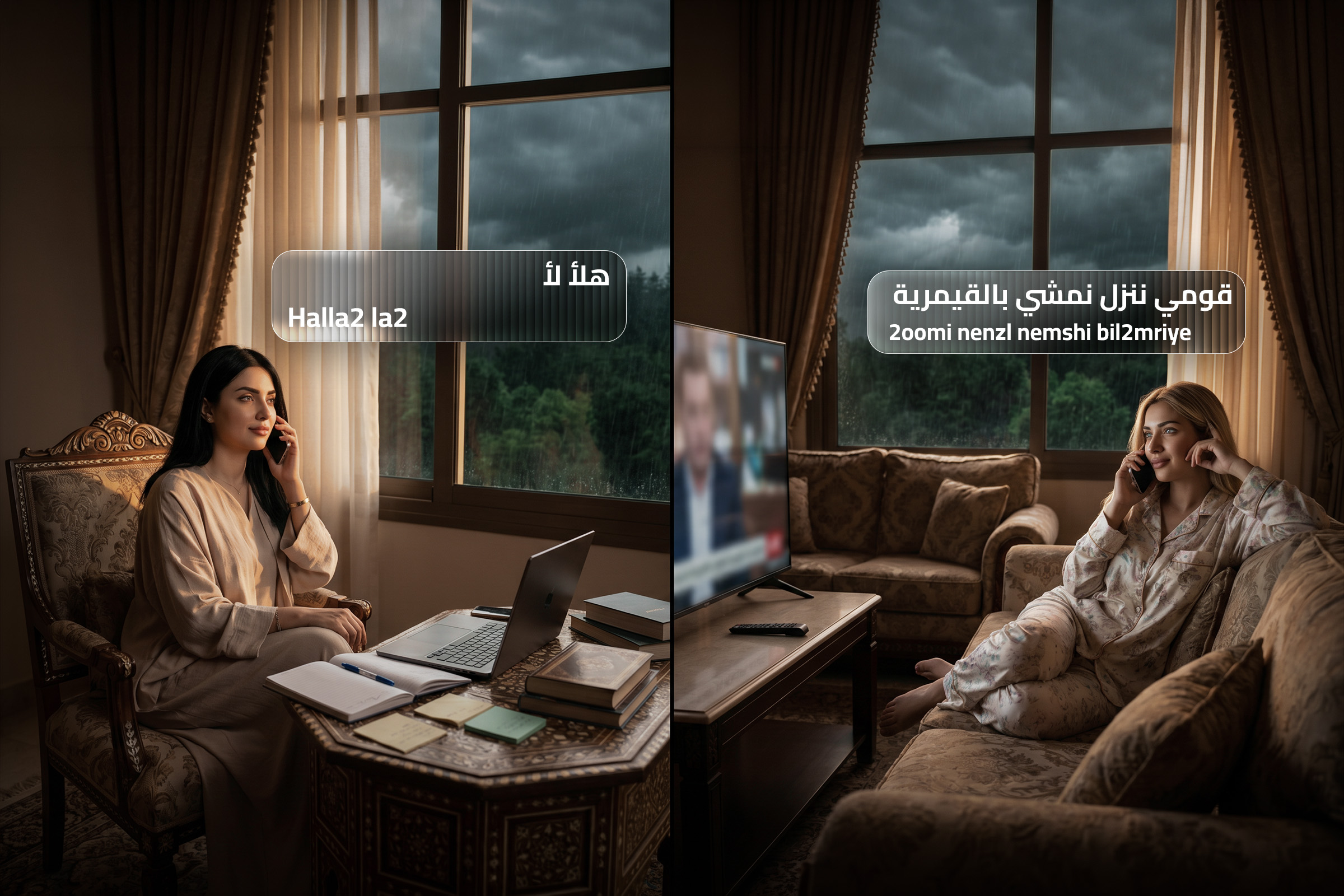 Split-screen blog cover showing two women speaking on the phone in a cozy Syrian-style living room, with Syrian Arabic phrases “Halla2 la2” and “2oomi nenzl nemshi bil2mriye” to show how friends naturally say no and suggest going for a walk in real spoken Arabic.