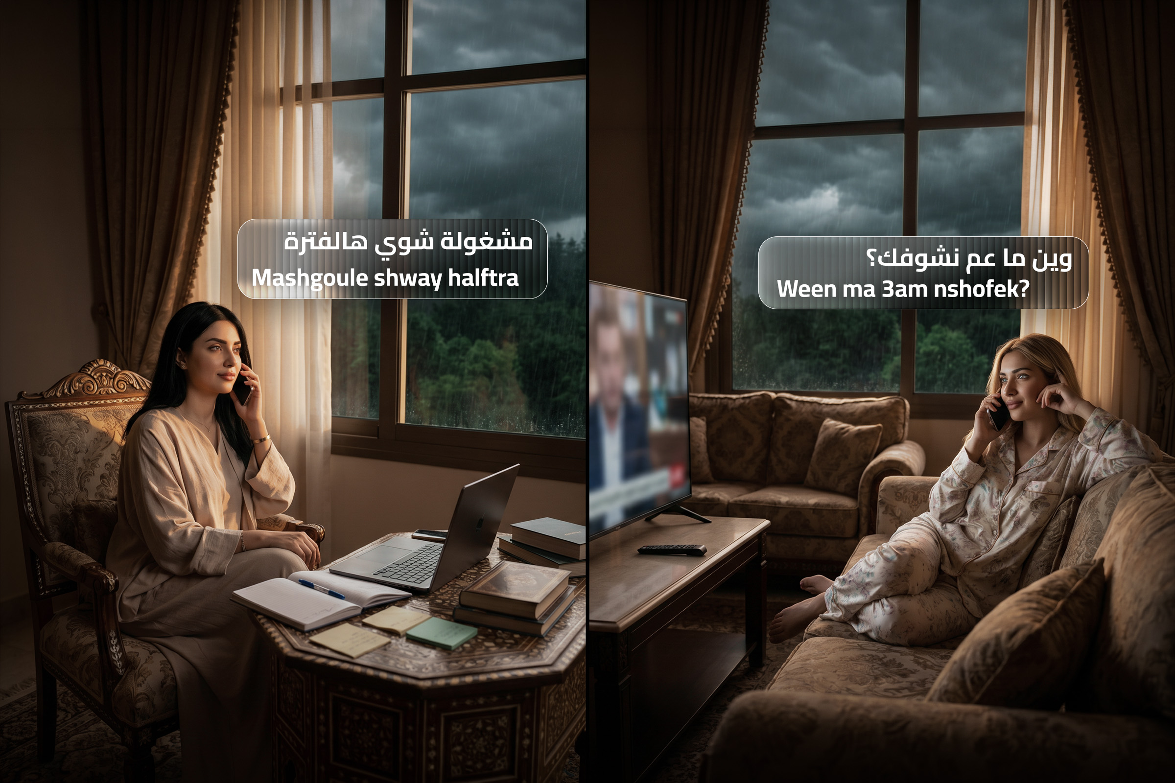Split-screen blog cover showing two women on the phone in a cozy Syrian-style living room, with Syrian Arabic phrases “Mashgoule shway halftra” and “Ween ma 3am nshofek?” to show how friends talk about being busy and arranging a time to meet in real spoken Arabic.
