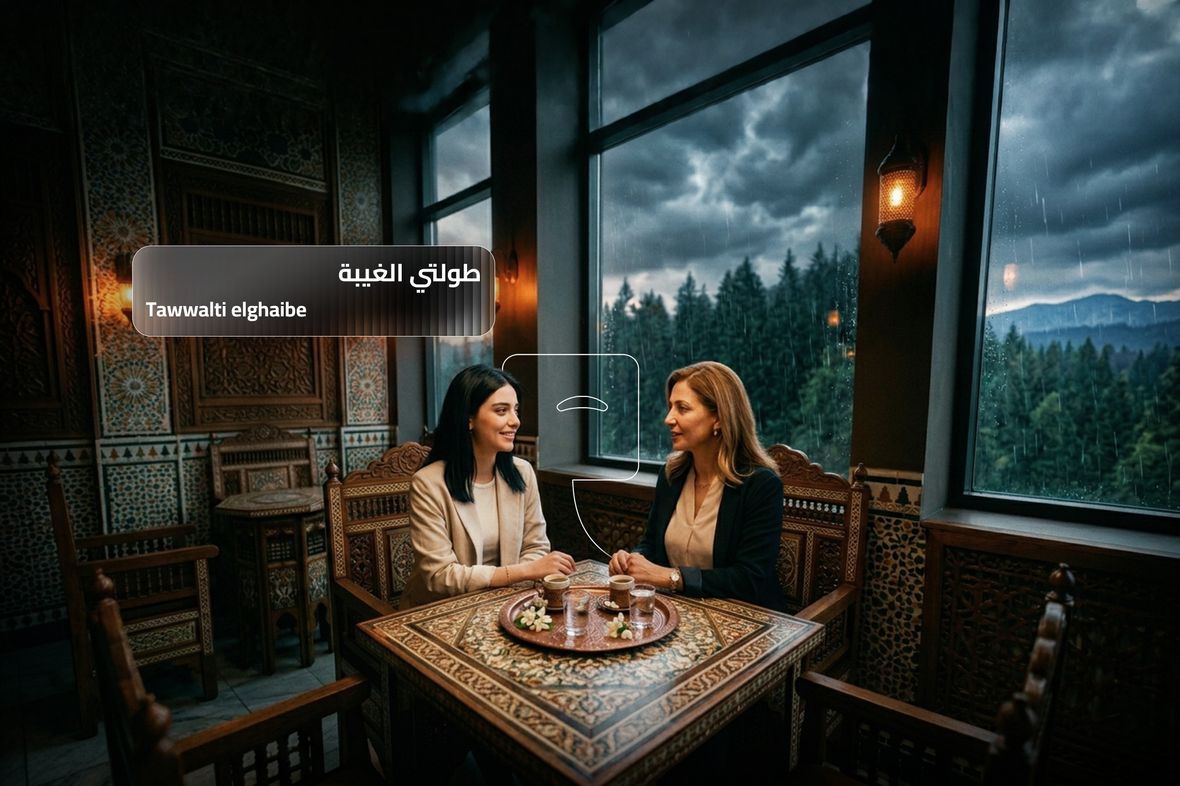 Syrian Arabic phrase “Tawwalti elghaibe” shown in a warm café conversation scene, teaching natural ways to say “I miss you” in spoken Arabic. Syrian Arabic phrase “Tawwalti elghaibe” shown in a warm café conversation scene, teaching natural ways to say “I miss you” in spoken Arabic.