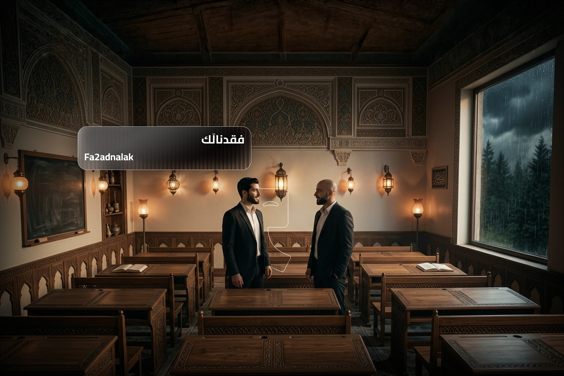 Two men speaking in a traditional Arabic classroom with the Syrian Arabic phrase “Fa2adnalak,” a natural expression used to say “We missed you” in spoken Arabic. Two men speaking in a traditional Arabic classroom with the Syrian Arabic phrase “Fa2adnalak,” a natural expression used to say “We missed you” in spoken Arabic.