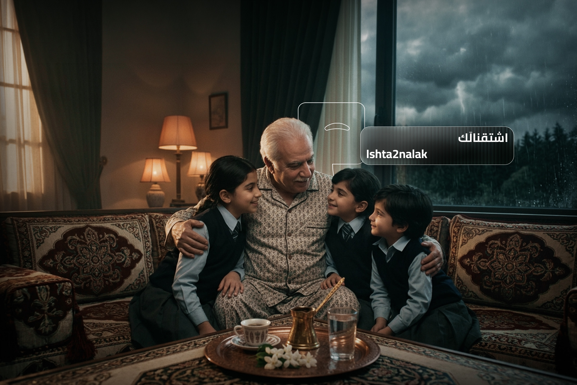 A grandfather embracing his grandchildren in a cozy family gathering, illustrating the Arabic expression "Ishta2nalak" meaning "we missed you."