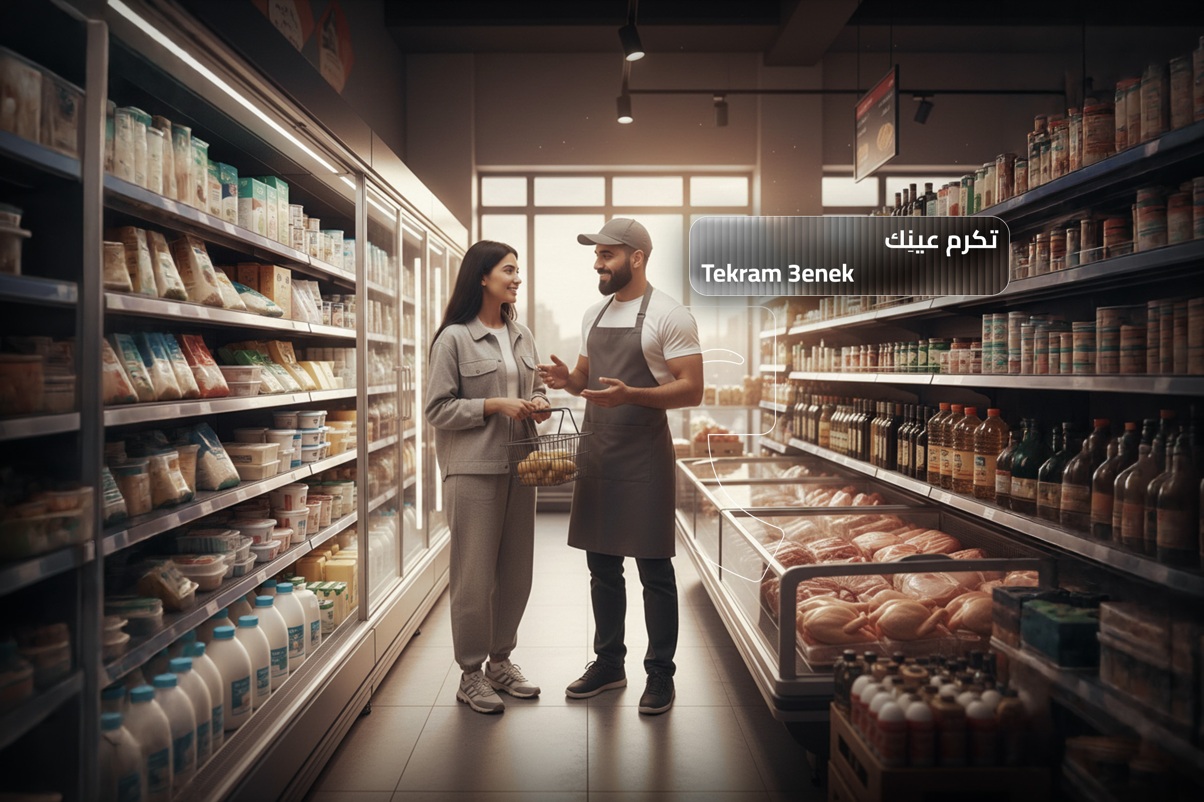 A grocery store employee assisting a customer, representing the Arabic expression "Tekram 3enek," a phrase of respect and willingness to help.