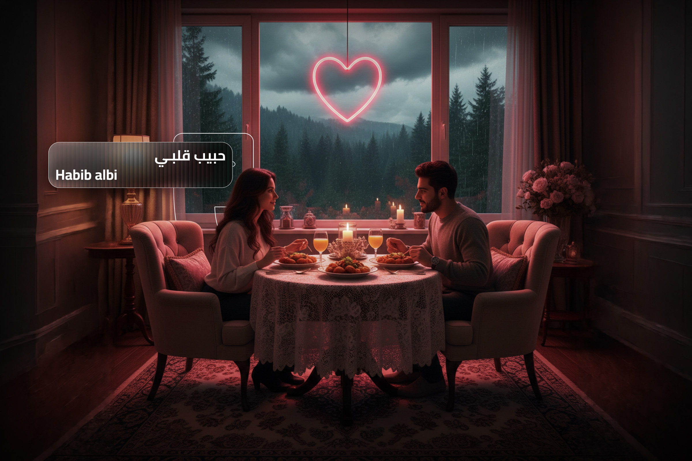 A couple enjoying a romantic candlelit dinner beneath a glowing heart symbol, representing the Arabic expression "Habib Albi" meaning "my beloved."