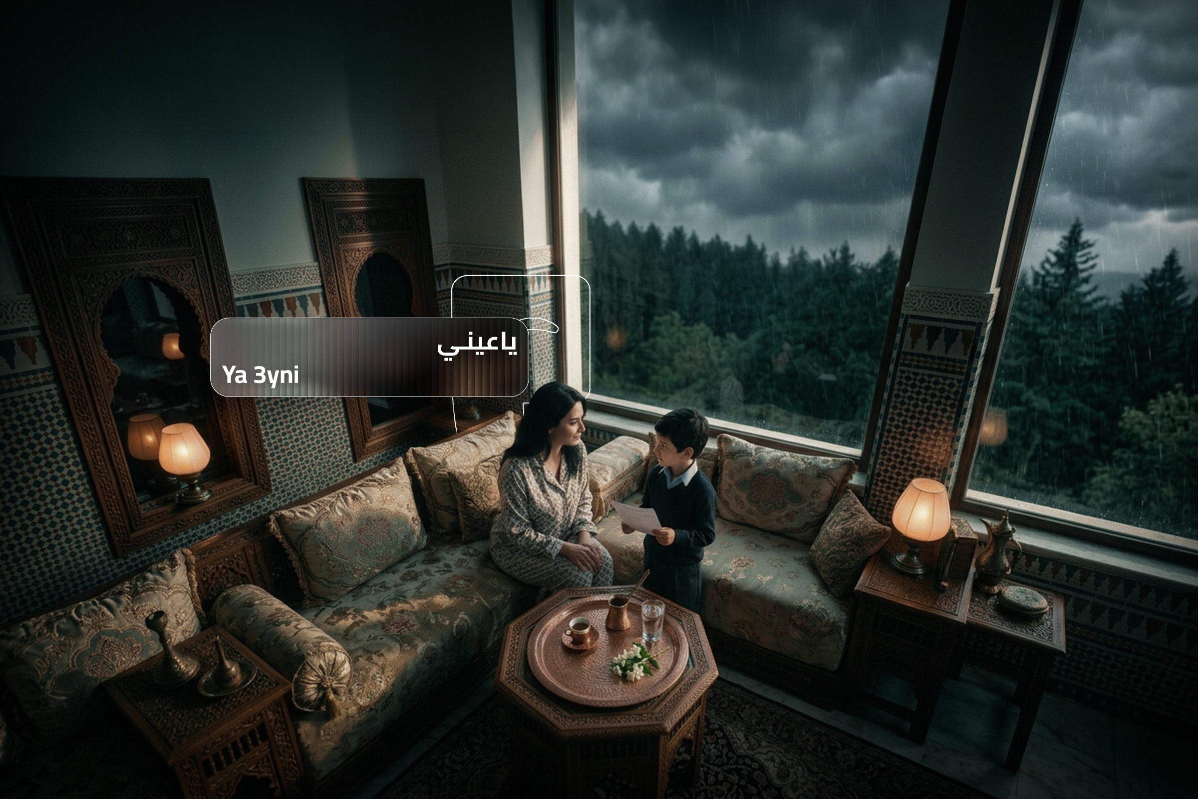 A mother and child sharing a warm moment in a traditional Arabic living room, illustrating the affectionate expression "Ya 3yni."