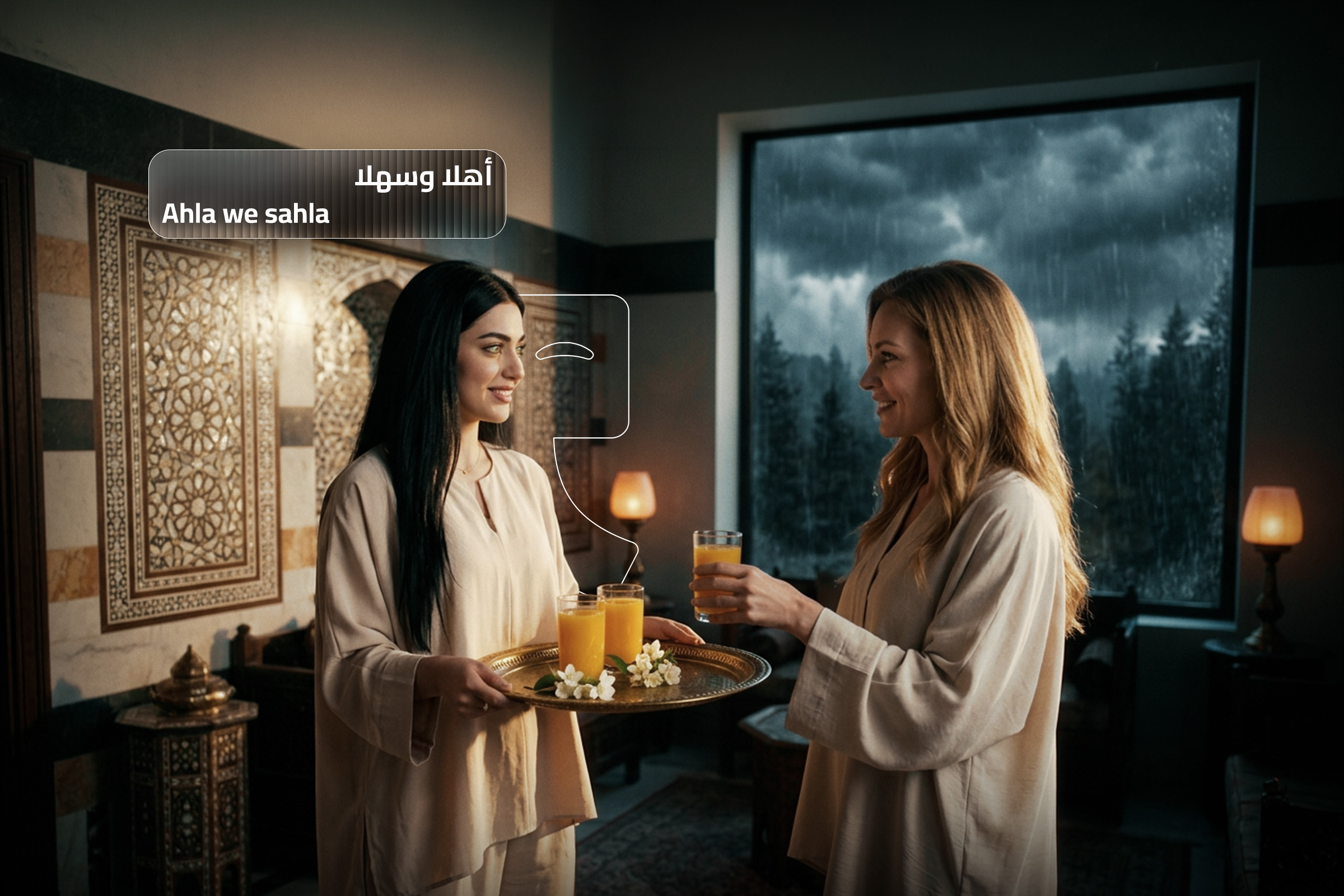 Two women sharing a traditional welcome drink in an Arabic-style room, illustrating the expression "Ahla we Sahla" and Arab hospitality.