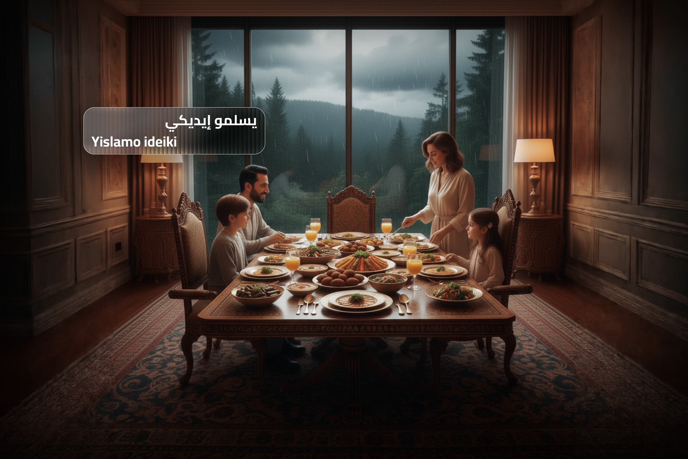 A Syrian family dining scene where a woman serves food at the table, representing the Arabic compliment “Yislamo ideiki” meaning appreciation for cooking and effort.