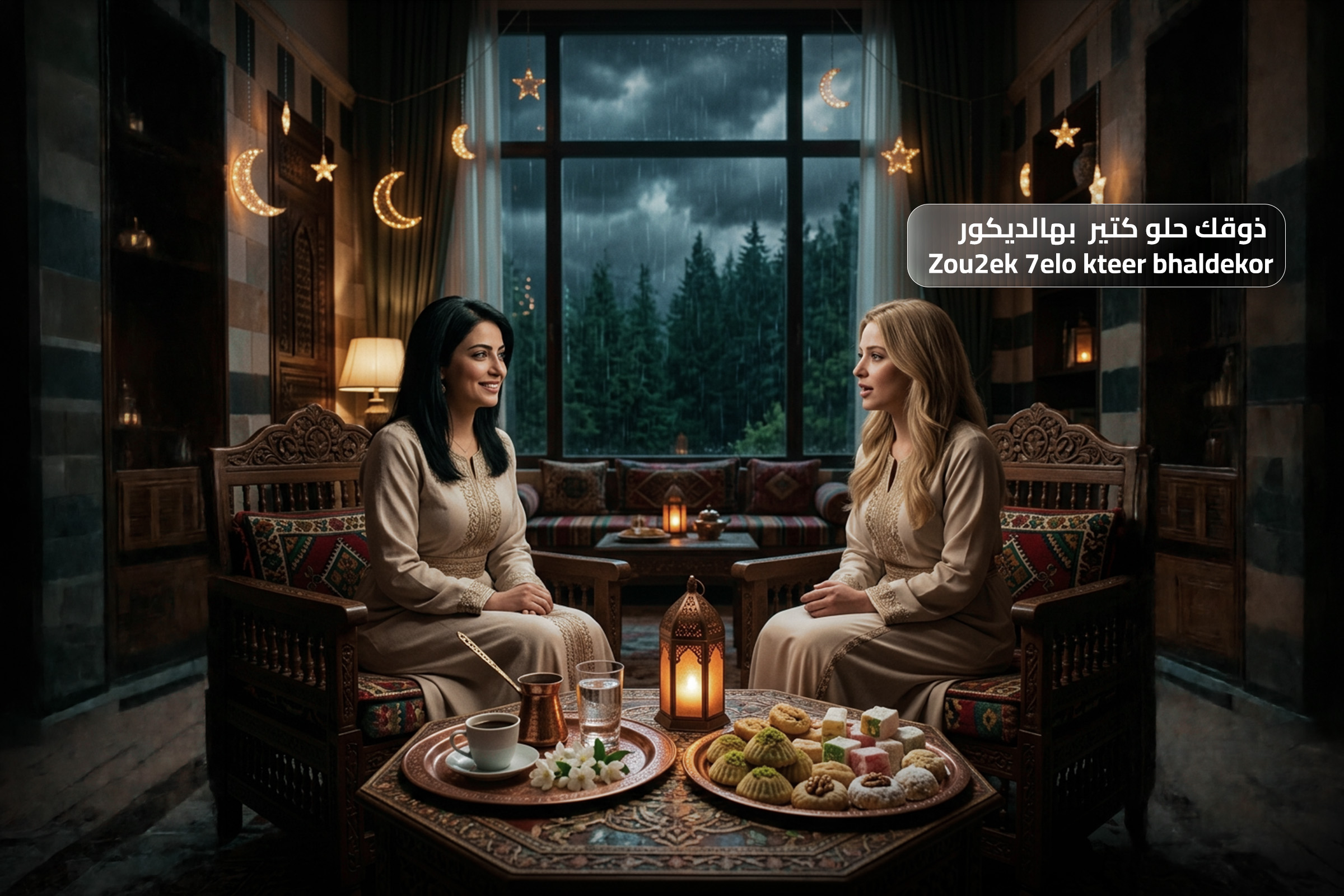 Two women sitting in a cozy traditional Arabic-style interior, representing the compliment “Zou'ak helou” meaning “you have good taste.”