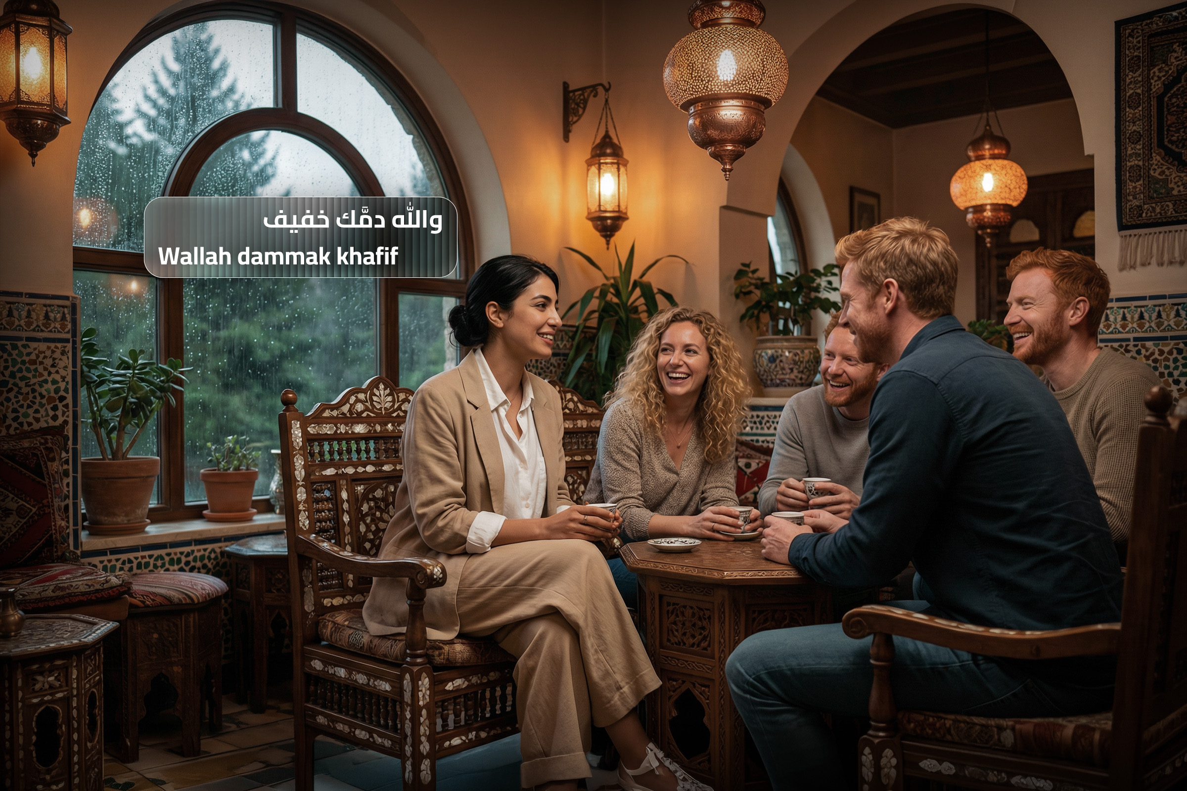 A group of friends chatting in a cozy Arabic-style café setting, representing the Syrian phrase “Wallah dammak khafif” used as a lighthearted compliment during friendly conversation.