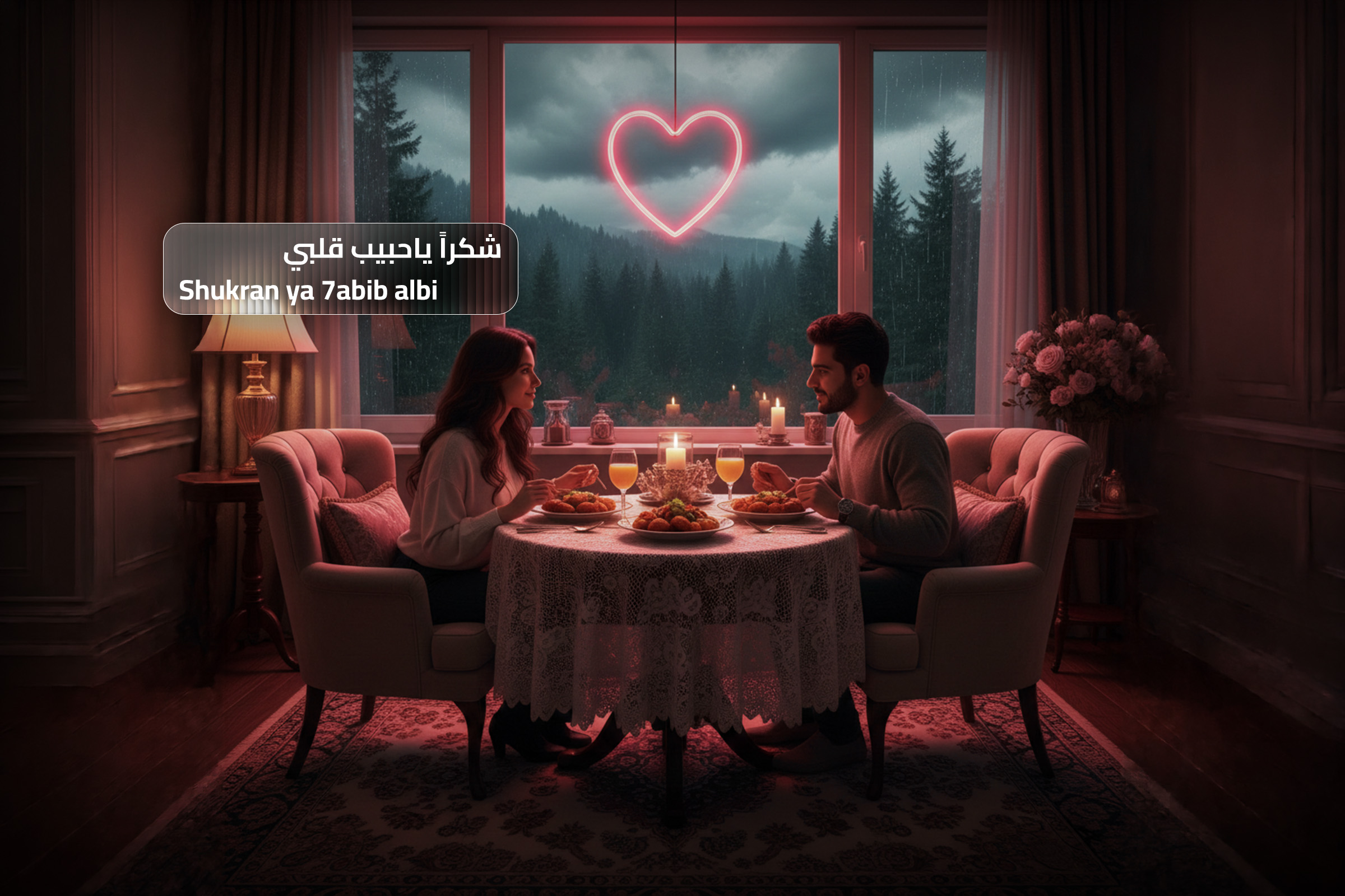 Romantic couple dining together in a cozy setting with a heart light in the background, representing the Arabic phrase “Shukran ya habib albi” meaning “thank you, my love of my heart.”