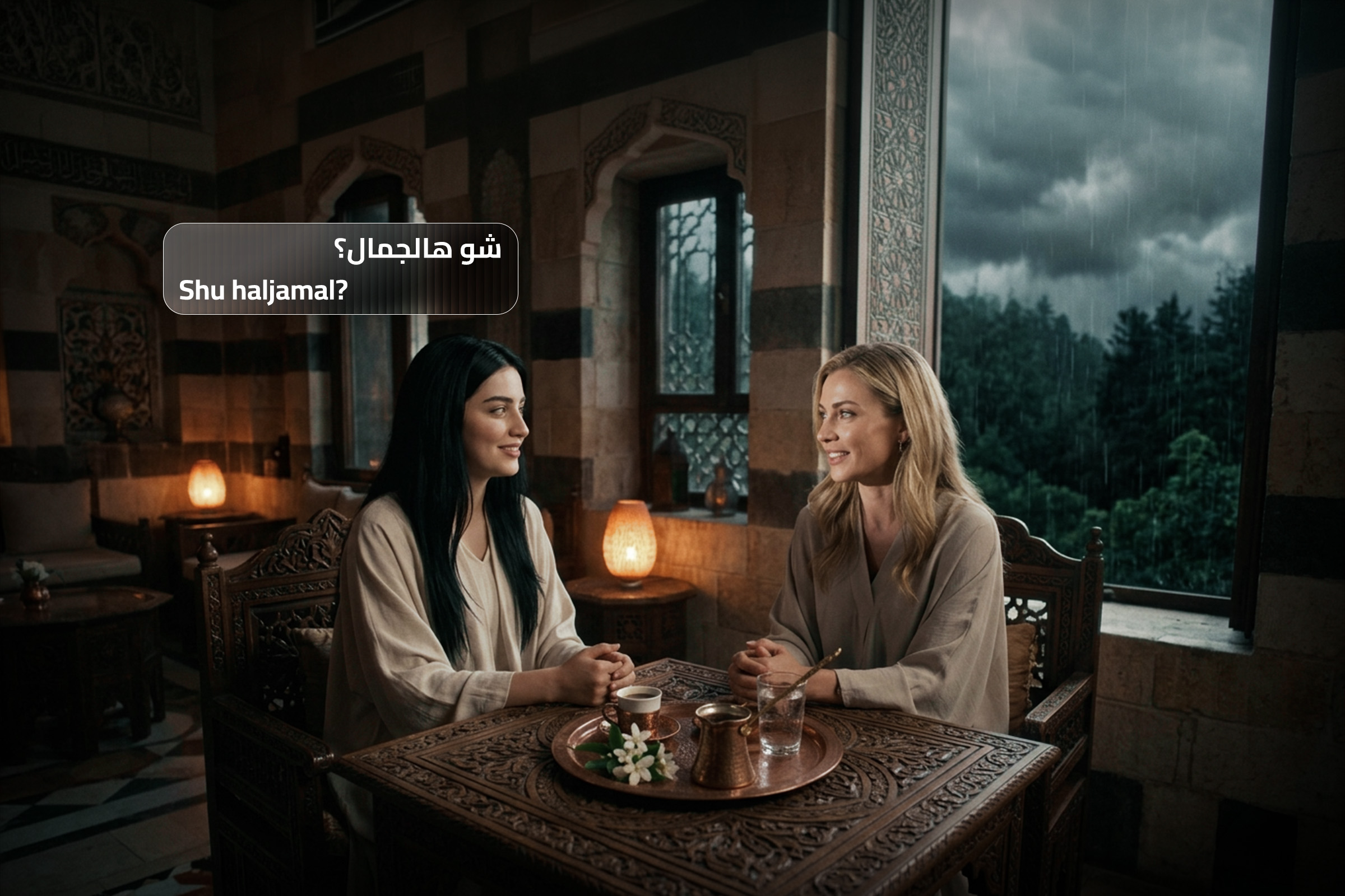 Two women sitting and smiling in a traditional Middle Eastern café interior, representing the Arabic compliment “Shu hal jamal?” meaning “How beautiful are you?”