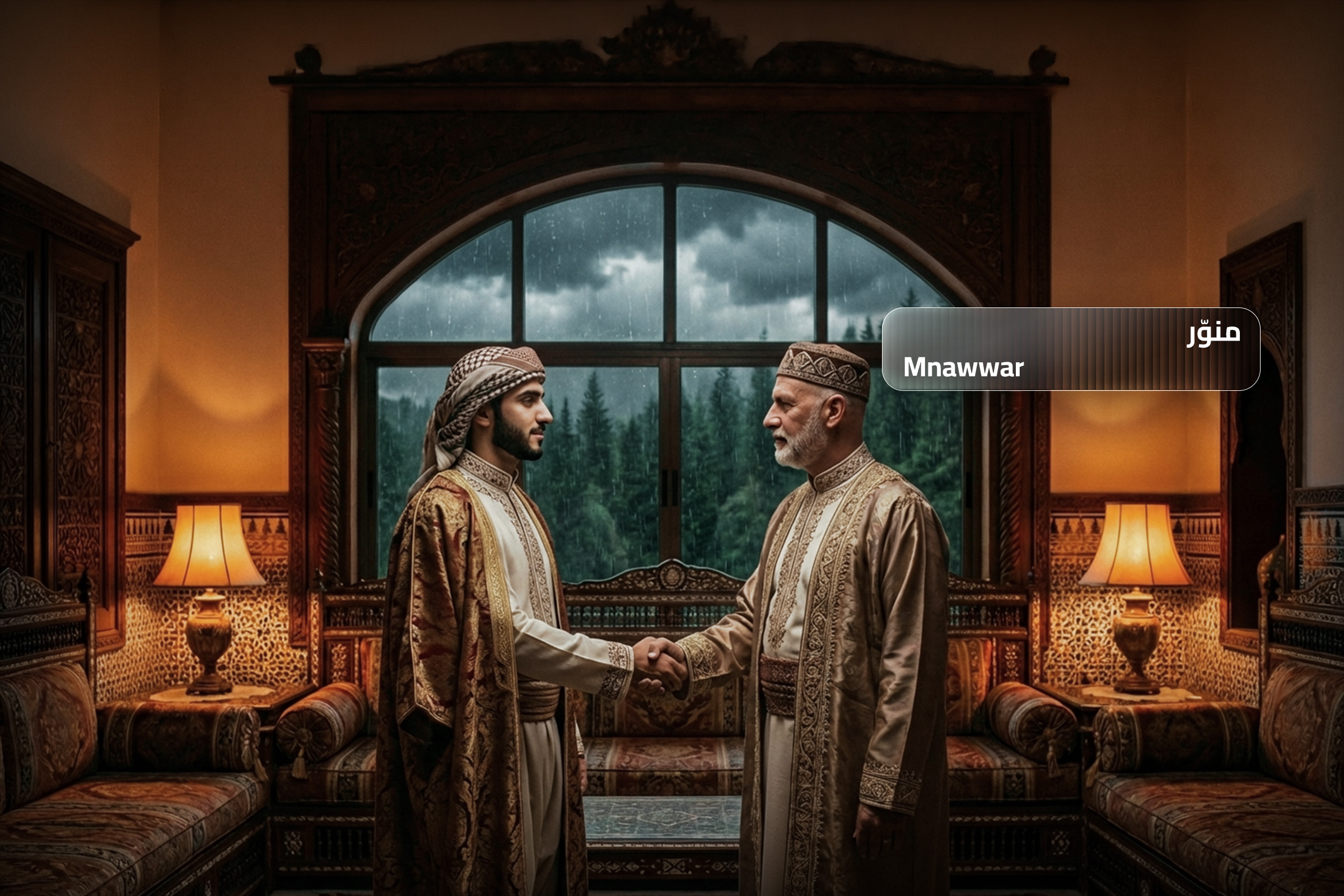 Two men wearing traditional attire shaking hands in a warmly decorated Arabic interior, representing the greeting “Mnawwar” meaning “you brighten the place / welcome.”