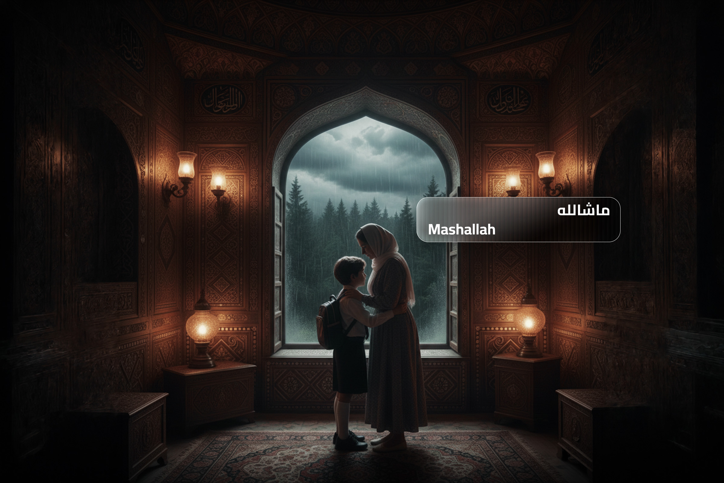 A warm emotional scene of a mother and child standing together in a decorated Arabic-style room, representing the phrase “Mashallah” used to express admiration and blessings.