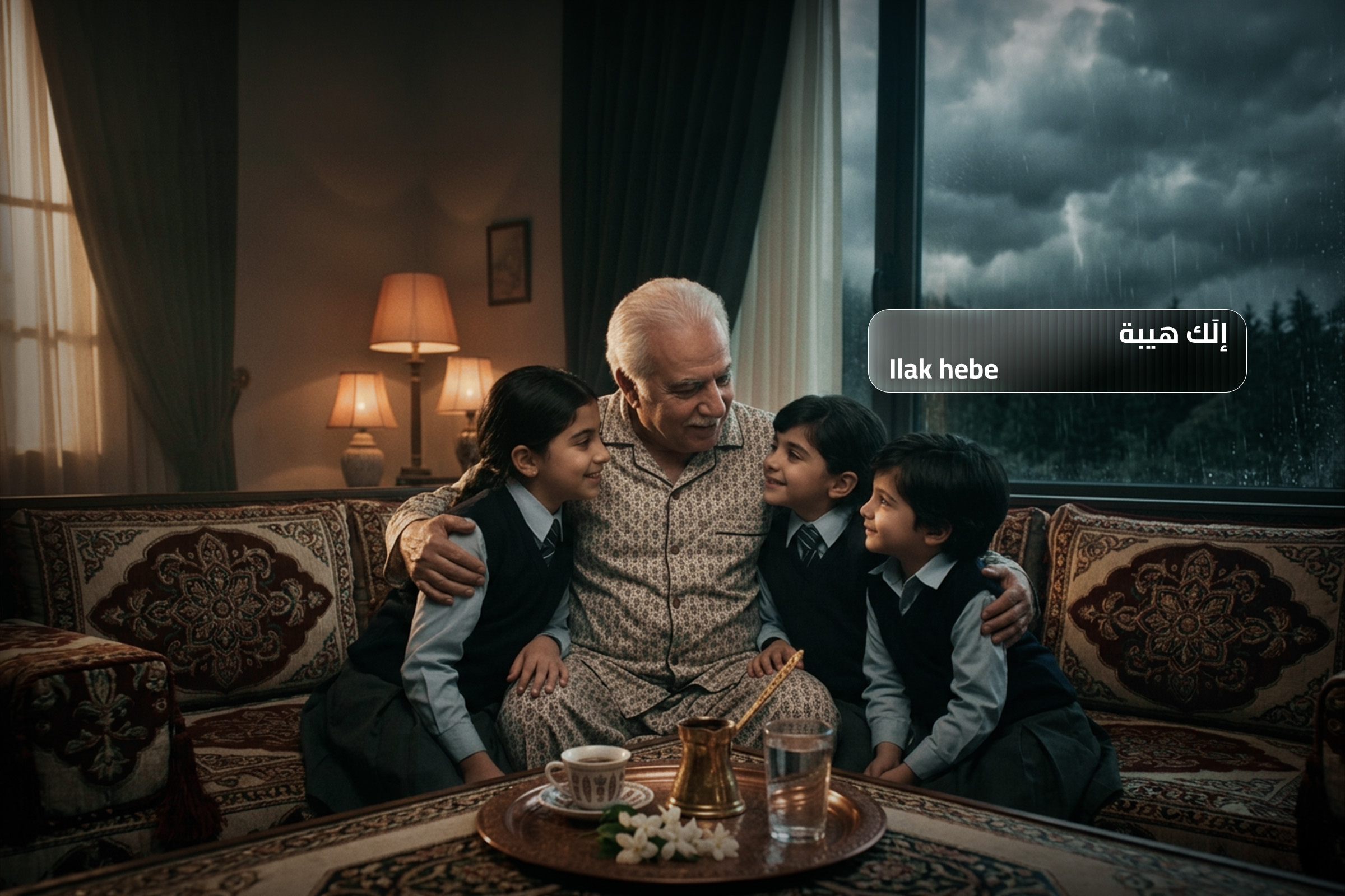 An elderly man sitting with three children in a cozy home setting, expressing affection and warmth, representing the Arabic phrase “Ilak hebe” meaning “you are beloved.”