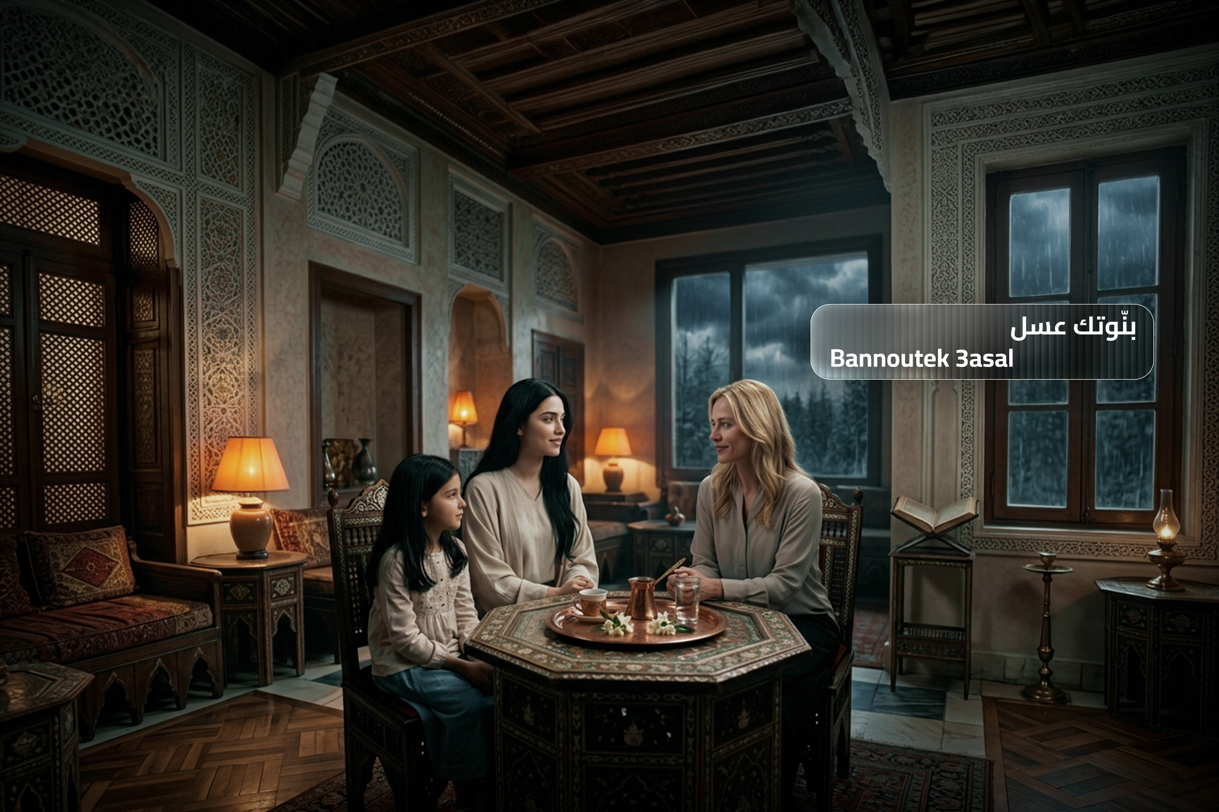 A calm Arabic home scene showing a mother sitting with a young child, representing the Syrian Arabic compliment “Asal” meaning “you are sweet” or “sweetheart” in an affectionate context.